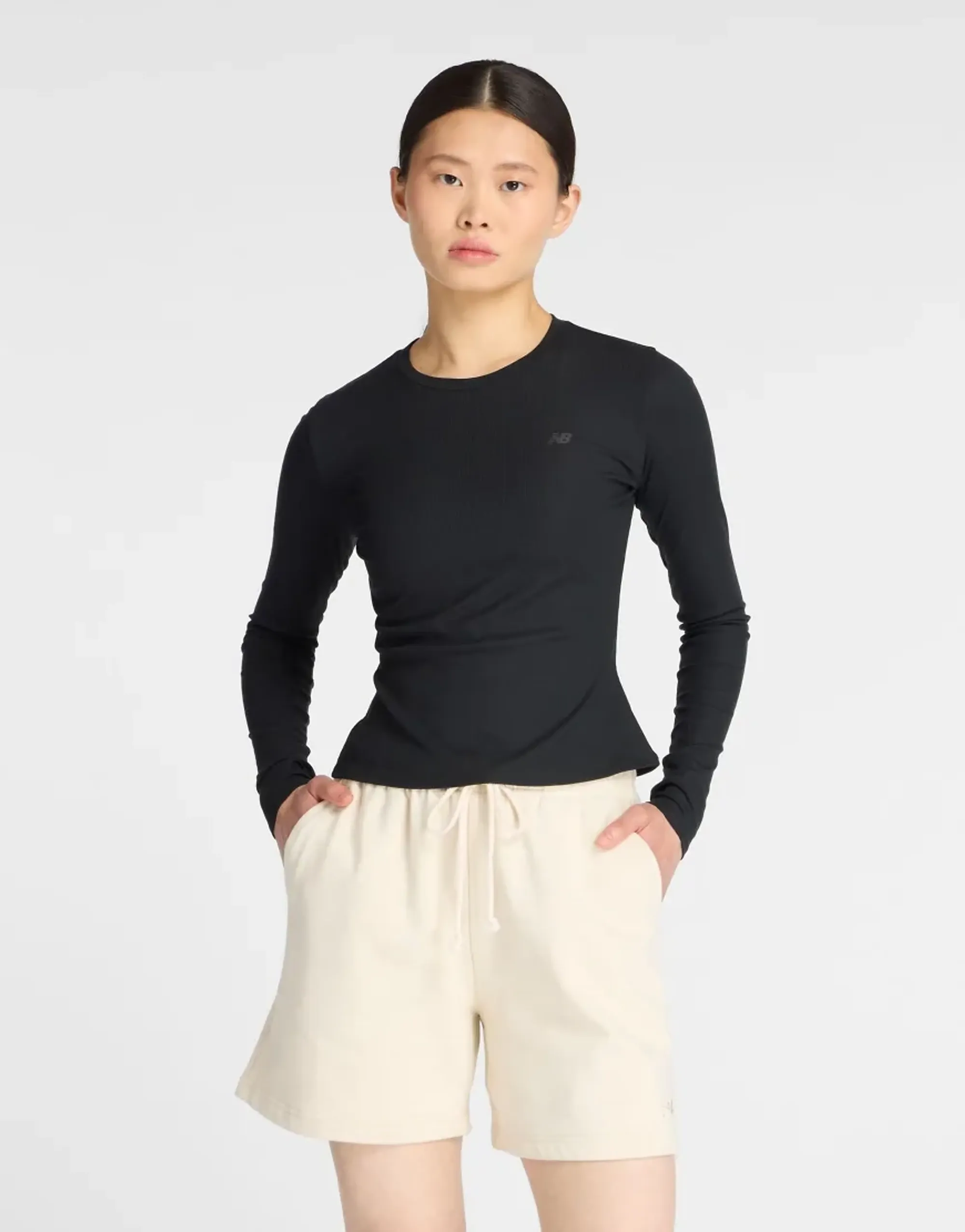New Balance Women Micro-Rib Long Sleeve in Black Poly Knit