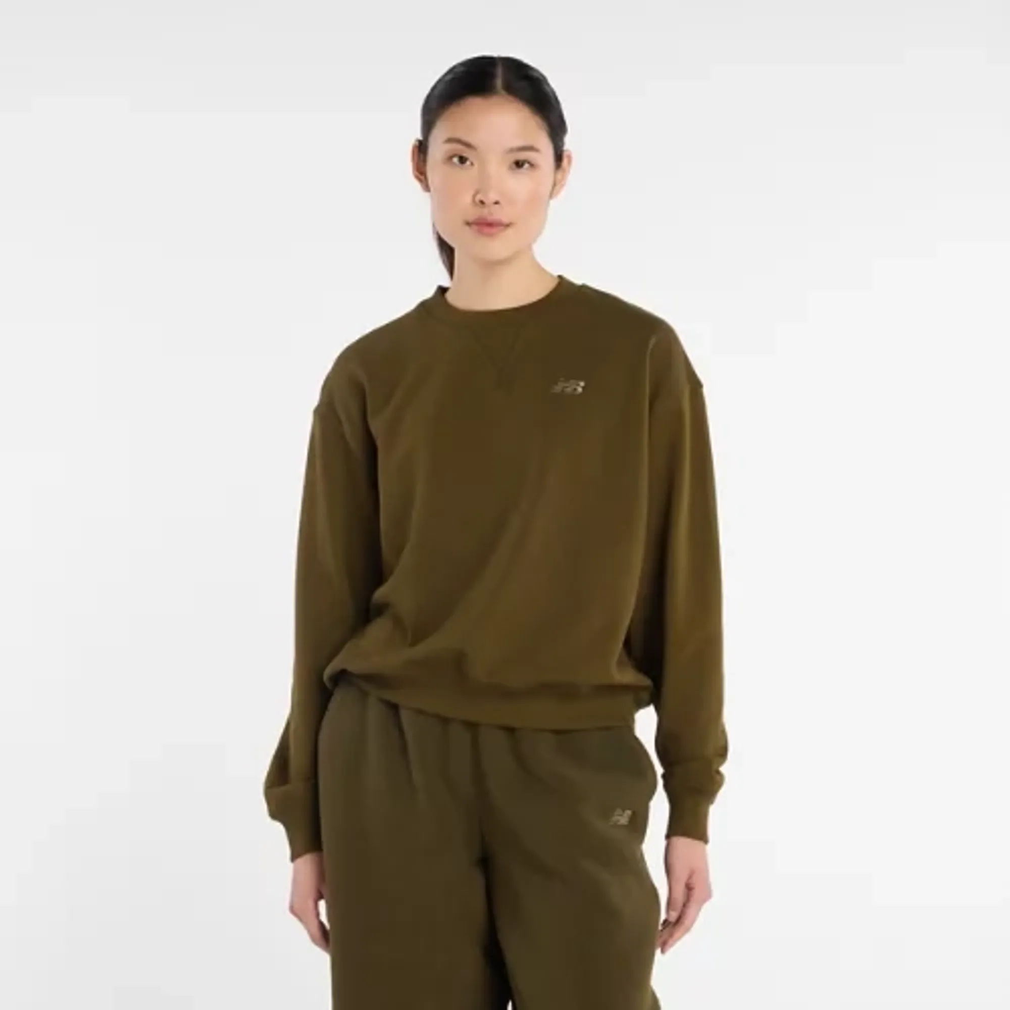 New Balance Women Athletics French Terry Crew in Brown Cotton Fleece