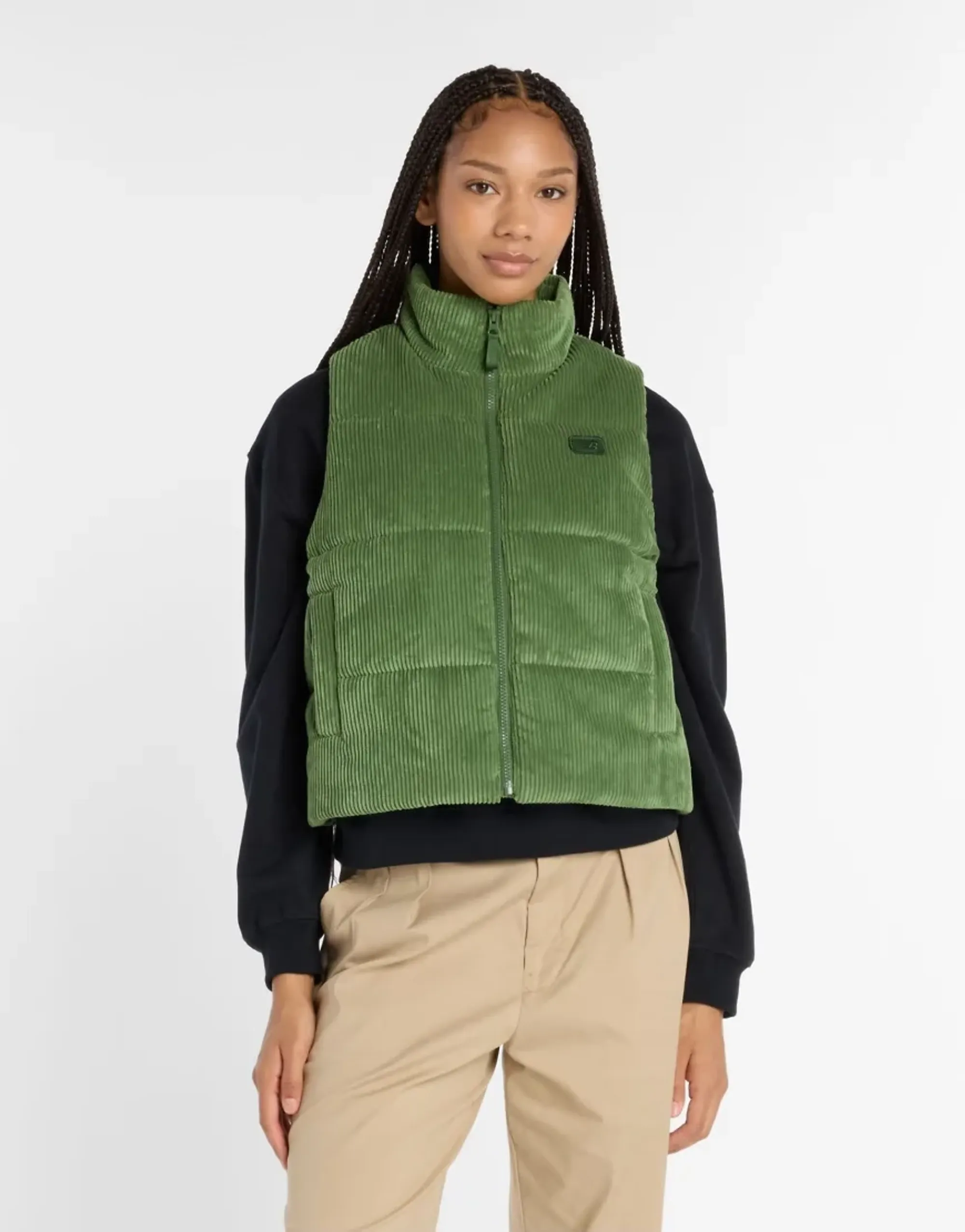 New Balance Women Wide Wale Corduroy Vest in Green Poly Knit