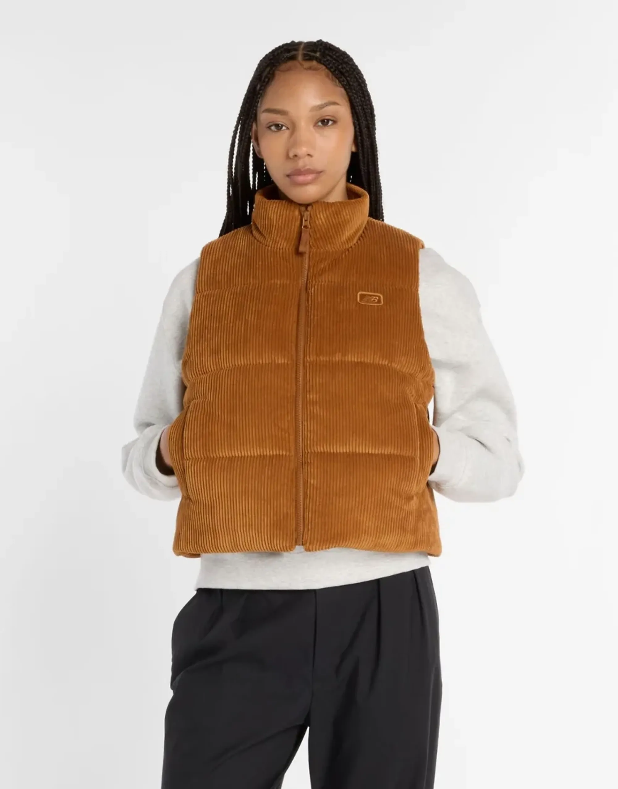New Balance Women Wide Wale Corduroy Vest in Brown Poly Knit