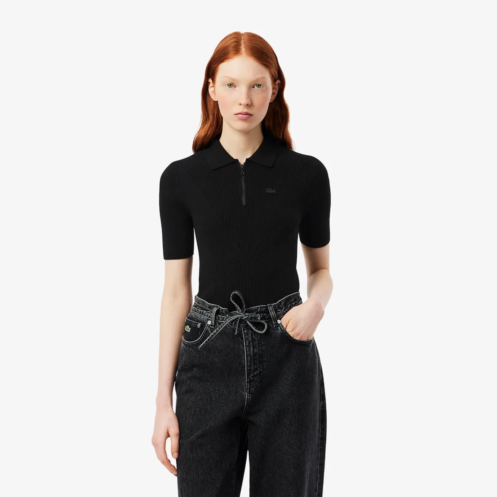 Lacoste 3D Ribbed Knit Polo Shirt - Noir