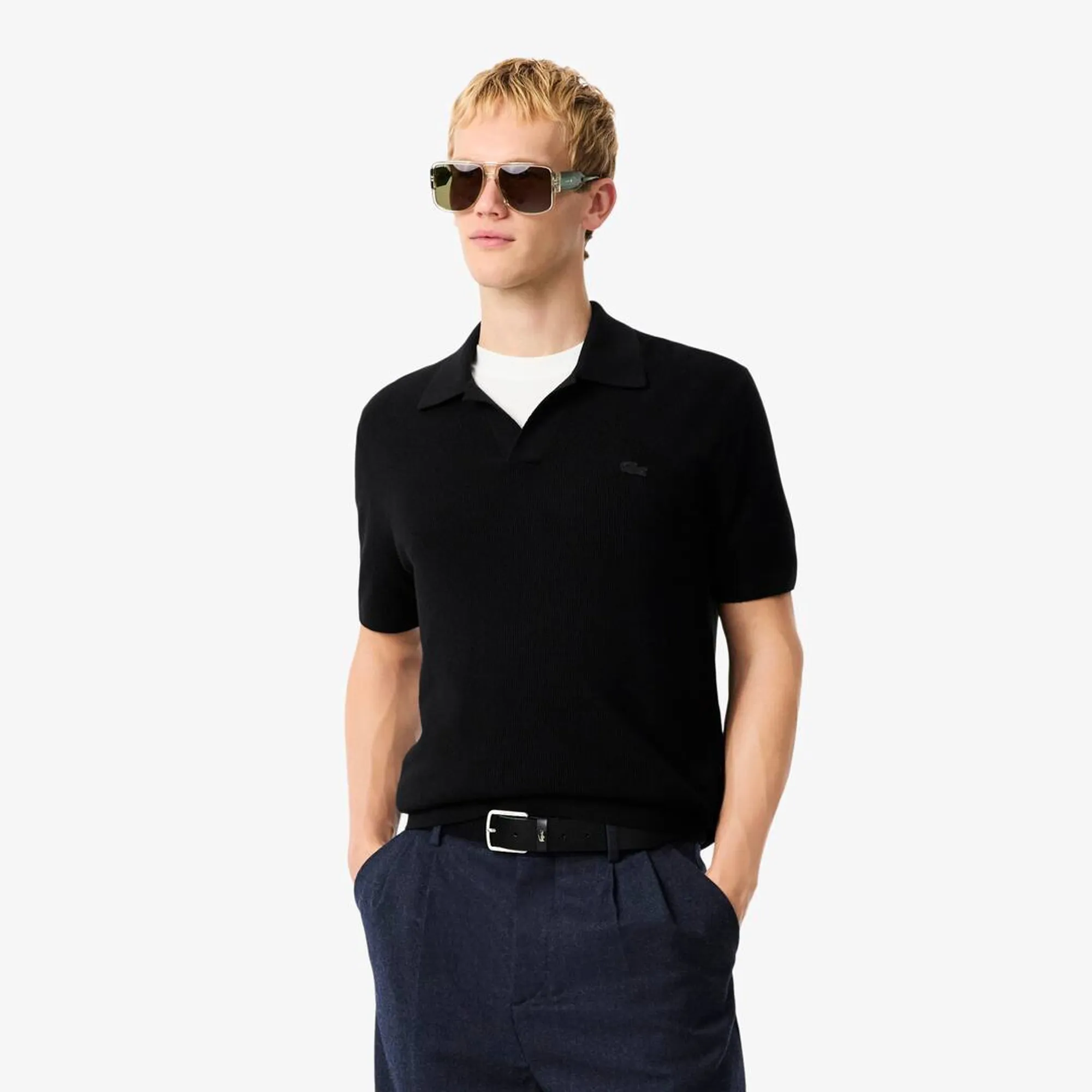 Lacoste Cotton Blend Open Polo Collar Sweater - Noir
