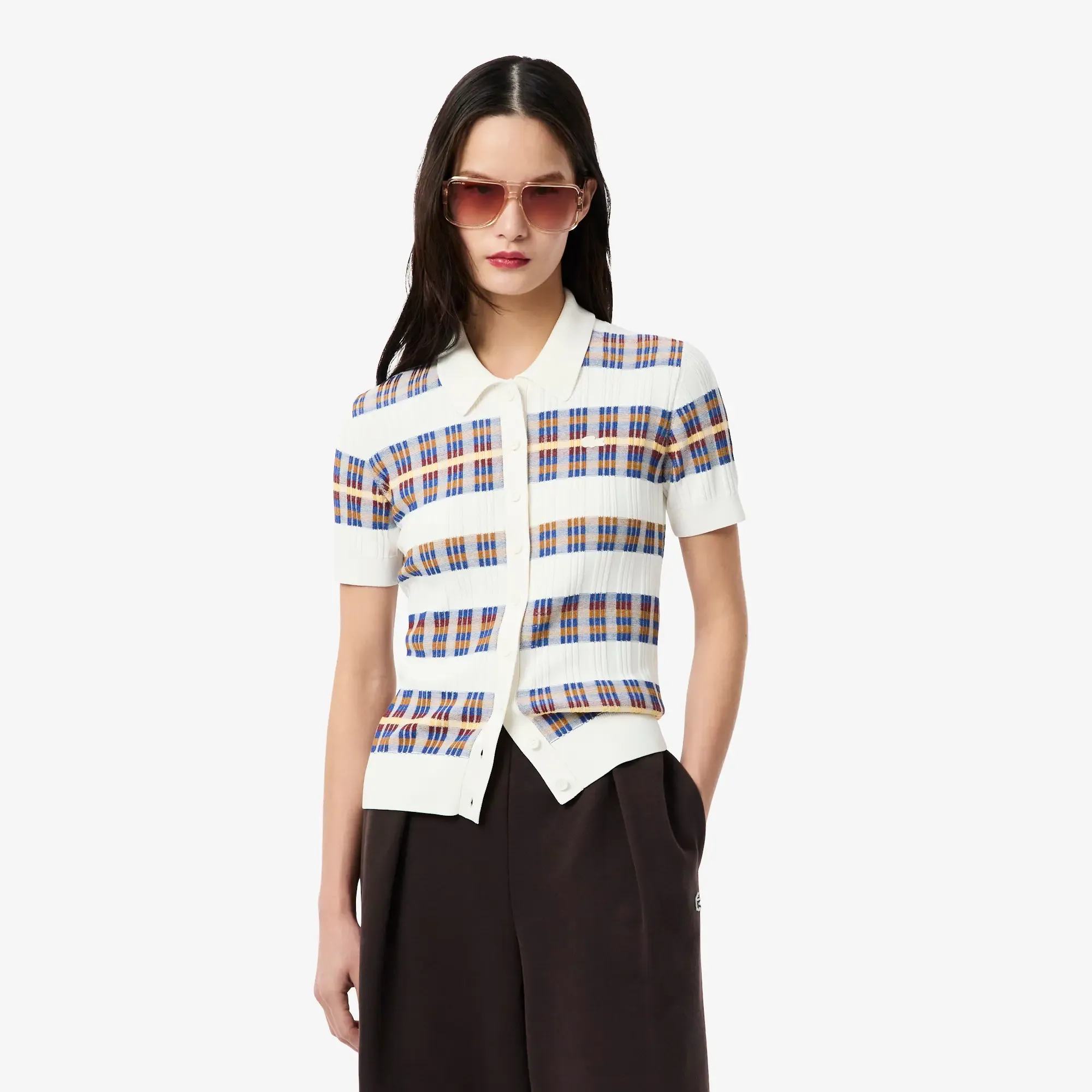 Lacoste Ribbed Knit Polo Collar Sweater - White / Yellow / Orange / Brown / Blue