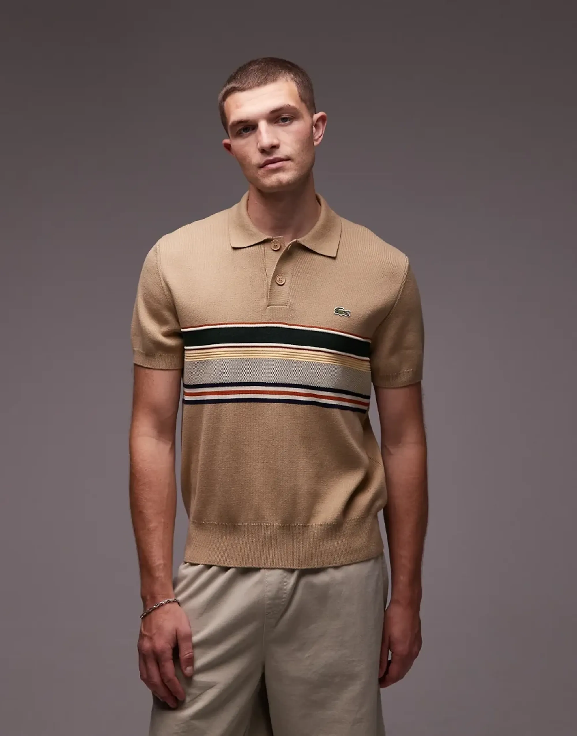 Lacoste French Made Striped Polo Collar Sweater - Beige / White / Navy Blue / Yellow