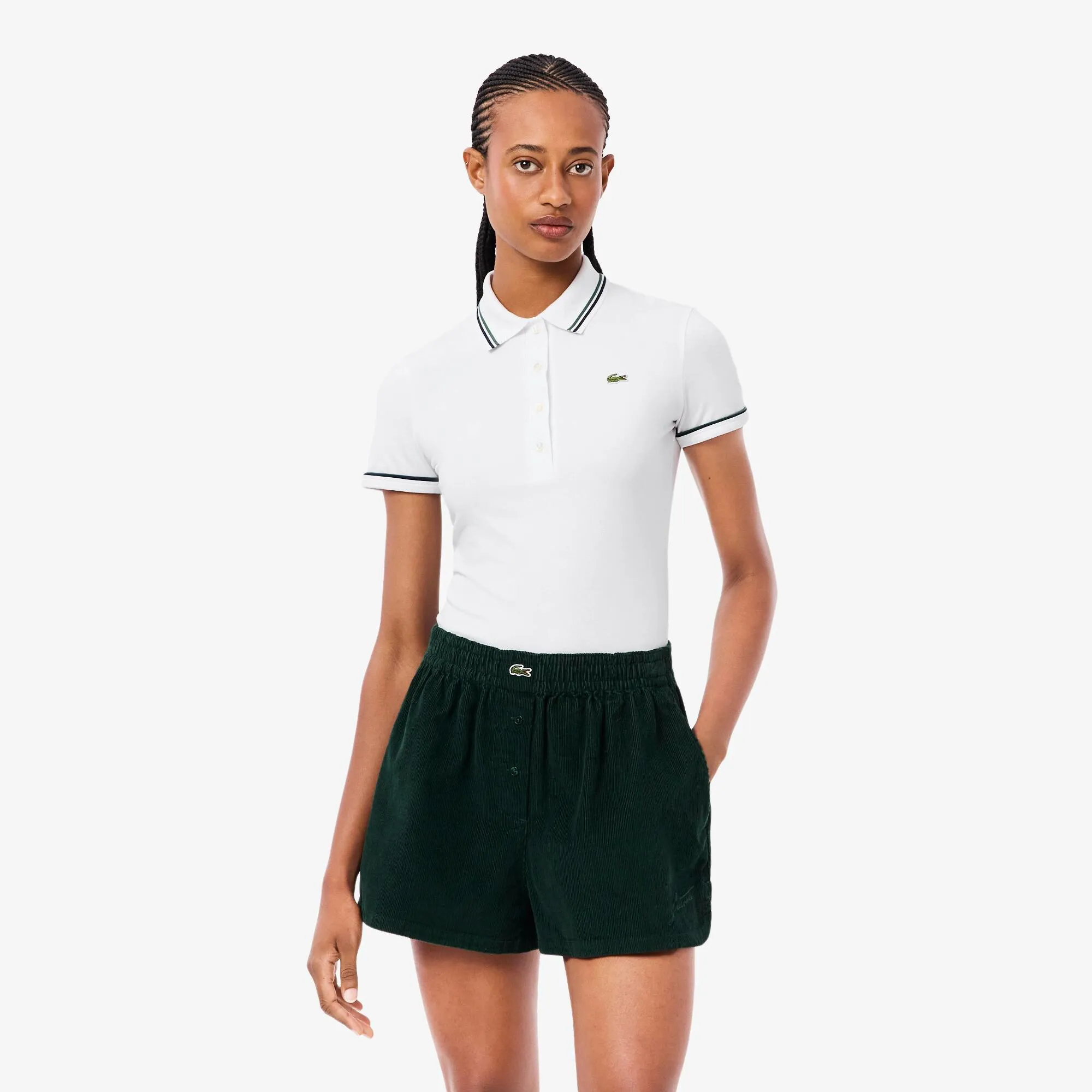 Lacoste L.12.D Slim Fit Trim Detail Polo Shirt - White / Navy Blue / Green