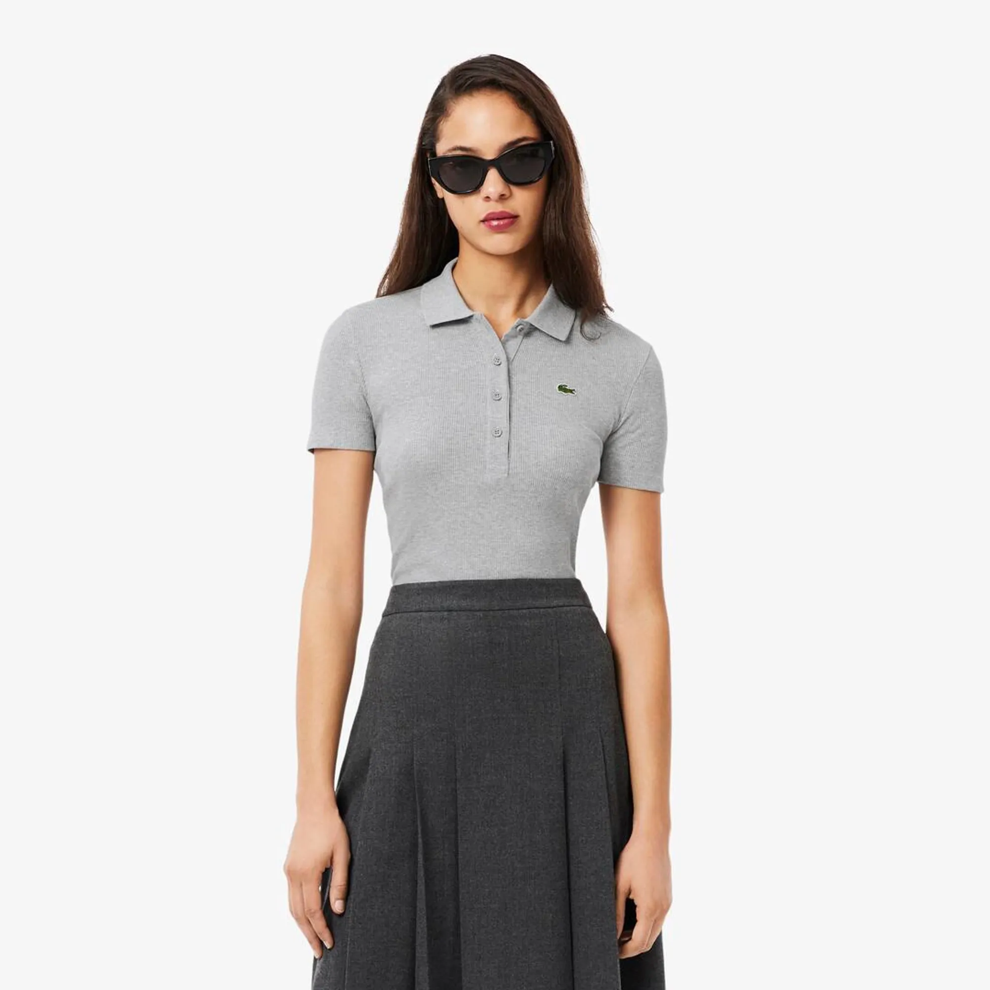 Lacoste Slim Fit L.12.D Ribbed Cotton Polo Shirt - Light Heathered Grey