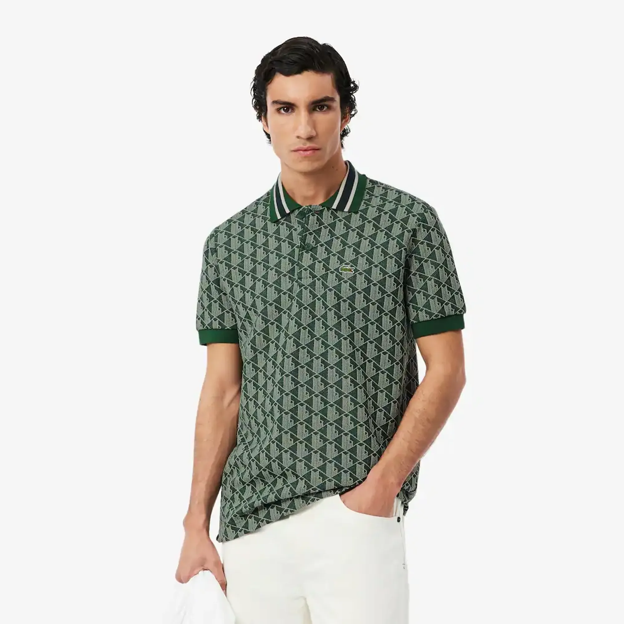 Lacoste Classic Fit Monogram Jacquard Polo Shirt - Green