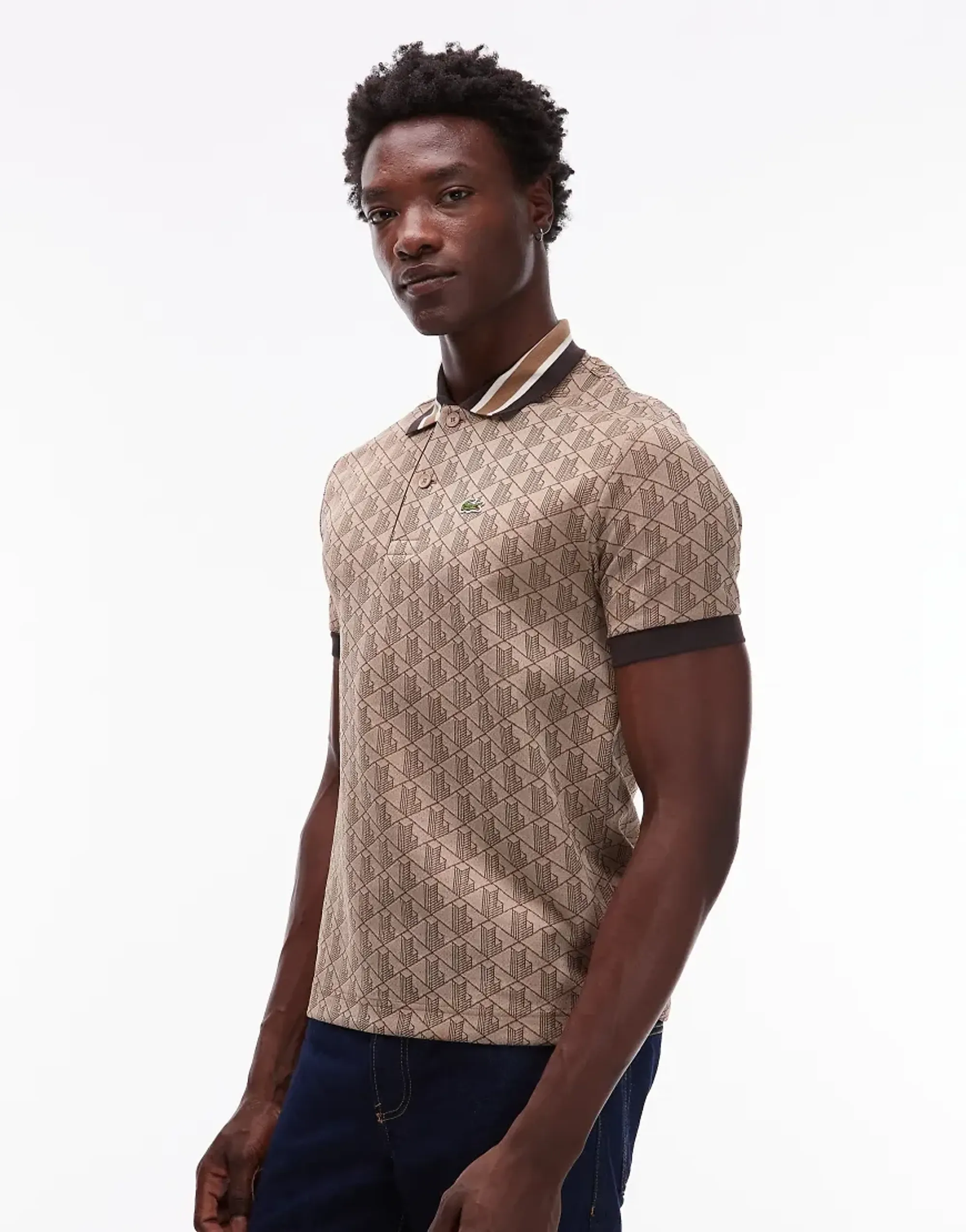Lacoste Classic Fit Monogram Jacquard Polo Shirt - Beige / Brown
