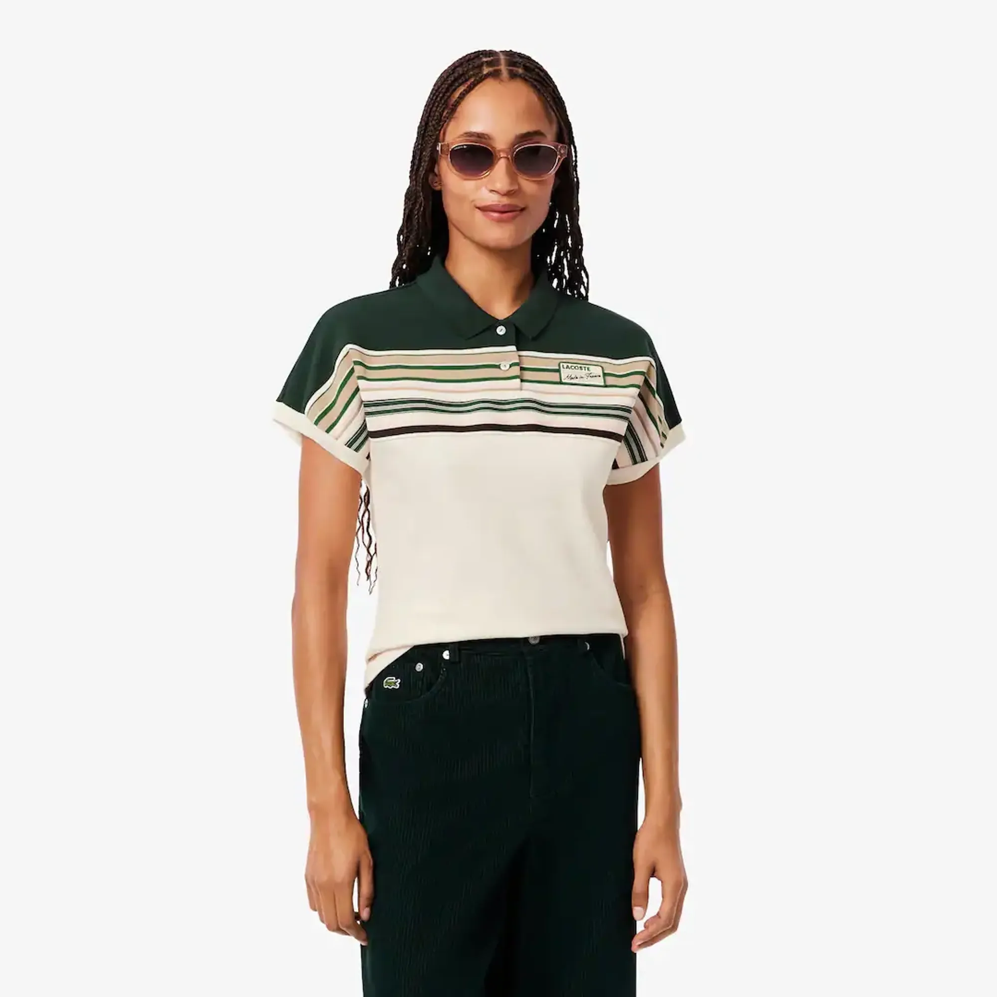 Lacoste French Made Slim Fit Striped Polo Shirt - White / Green