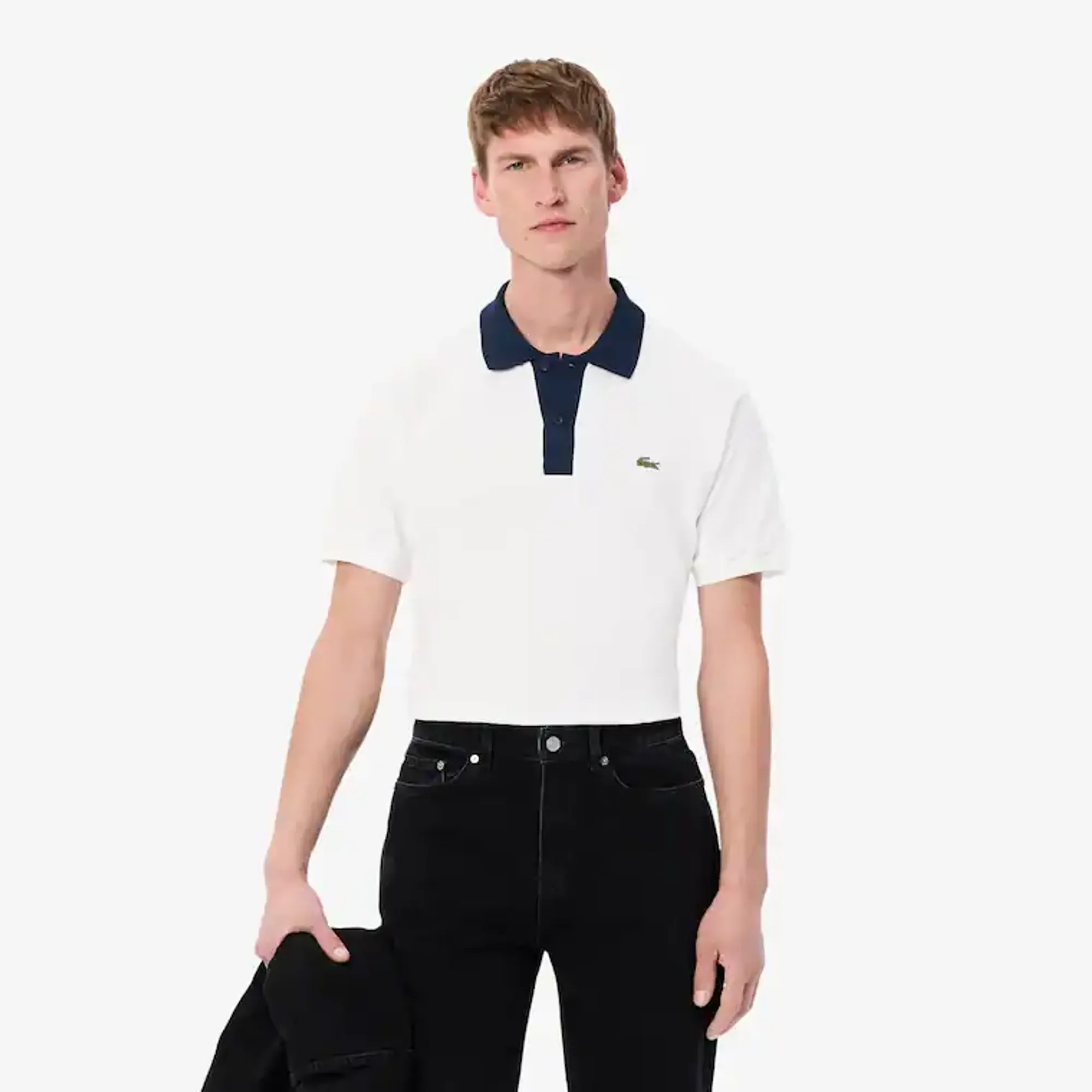 Lacoste Classic Fit Contrast Collar L.12.12 Polo Shirt - White / Navy Blue