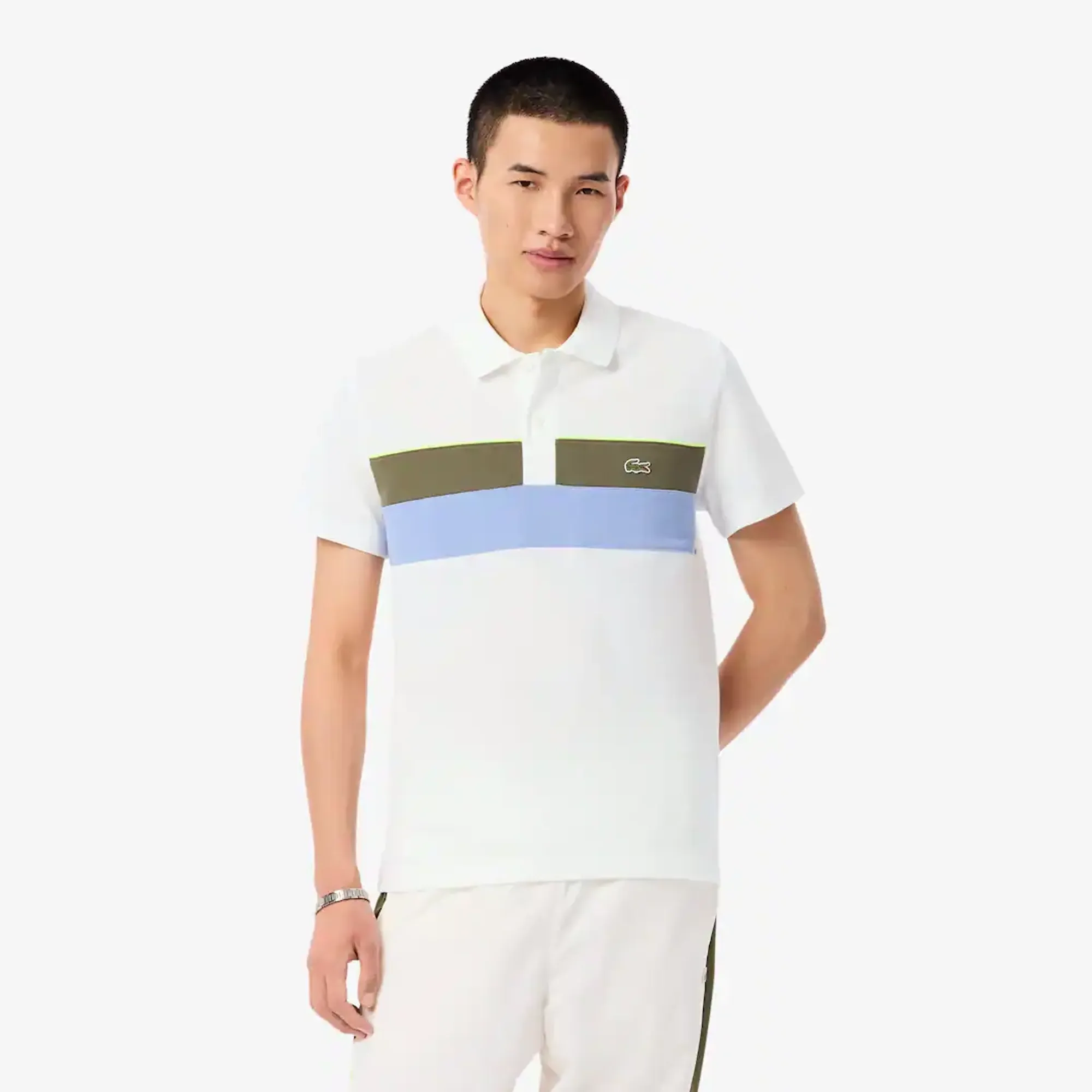 Lacoste Regular Fit Colour-Block Petit Piqué Polo Shirt - White / Khaki Green / Purple