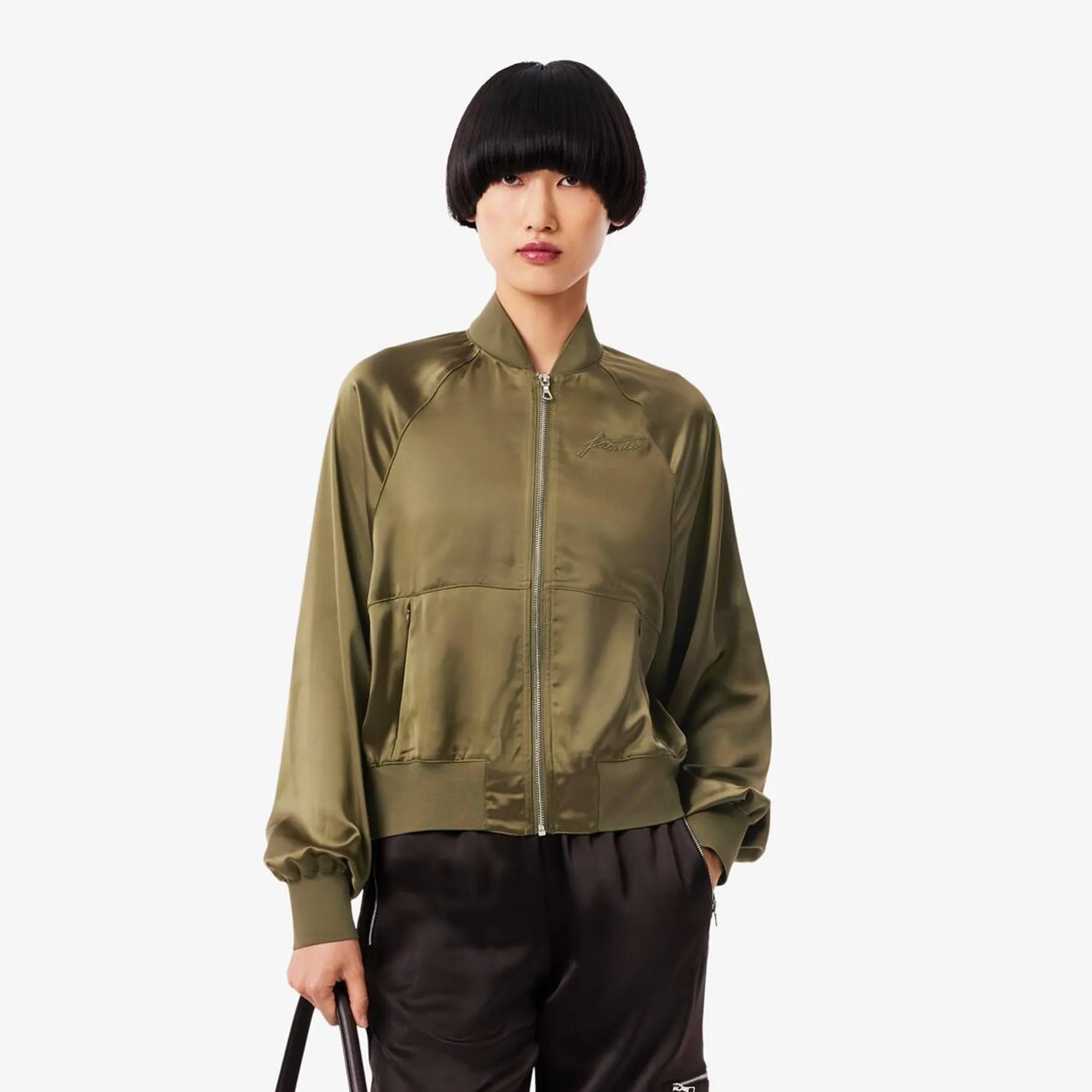 Lacoste Oversized Embroidered Signature Satin Bomber Jacket - Khaki Green
