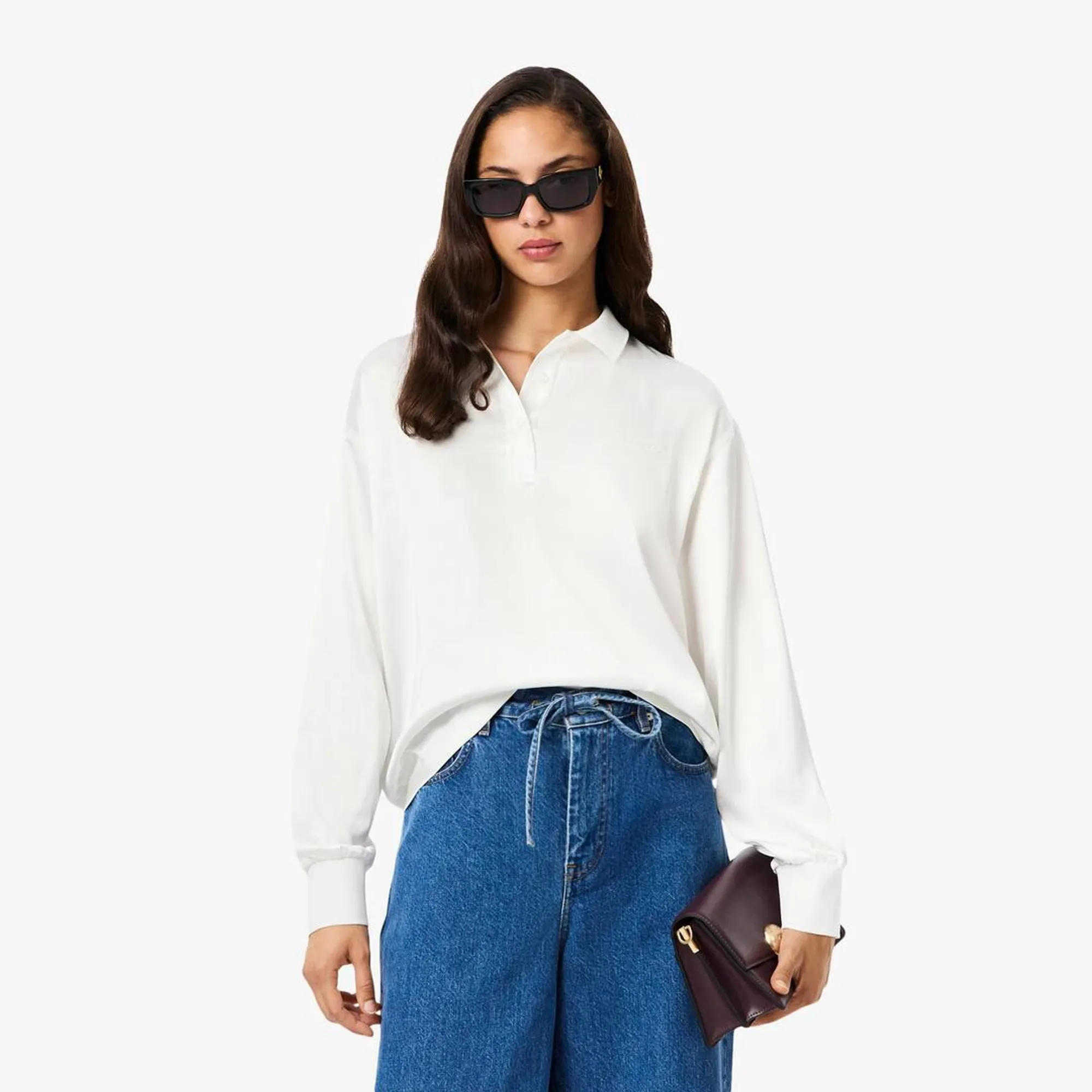 Lacoste Long Sleeved Oversized Satin Polo Shirt - White
