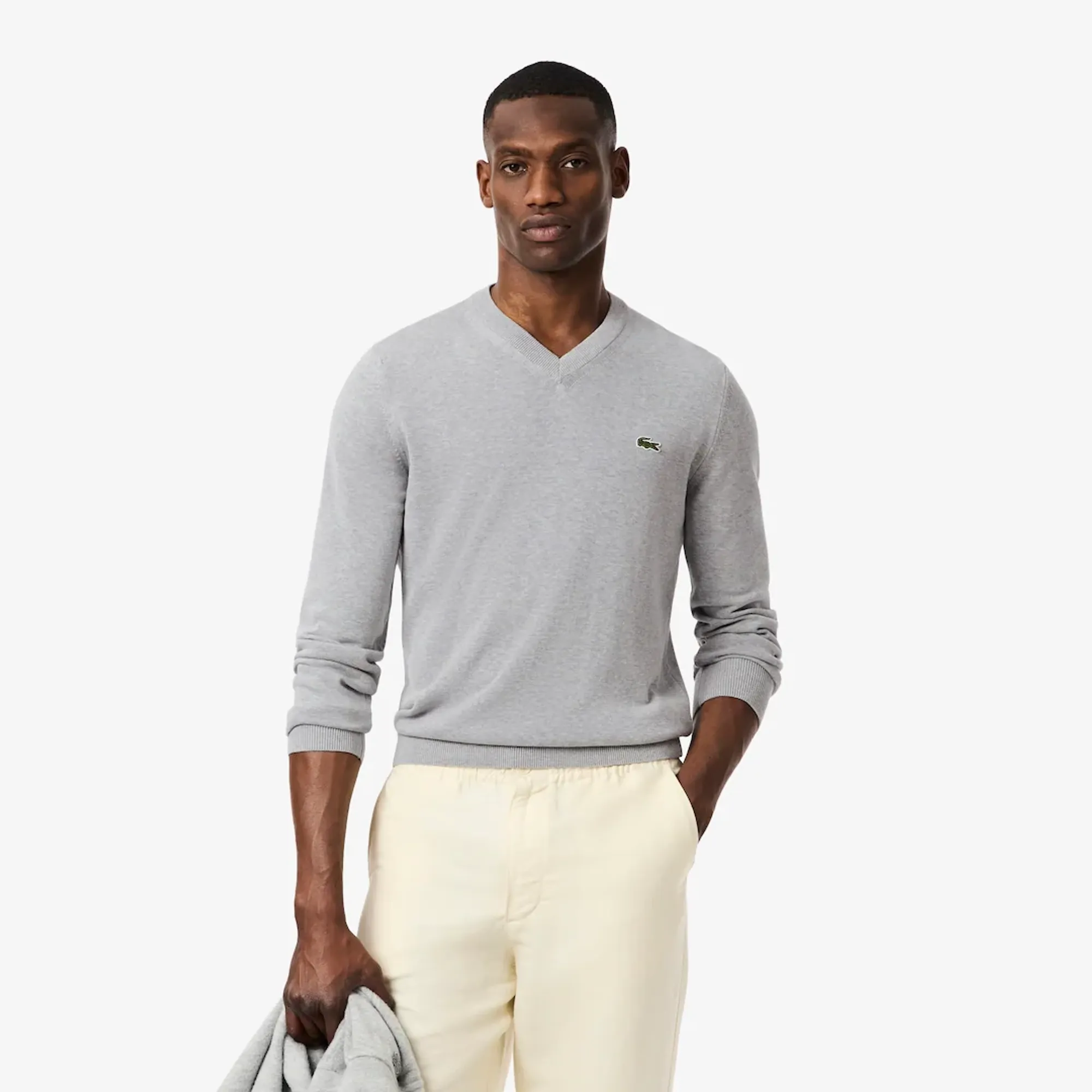 Lacoste Monochrome Cotton V-neck Sweater - Light Heathered Grey