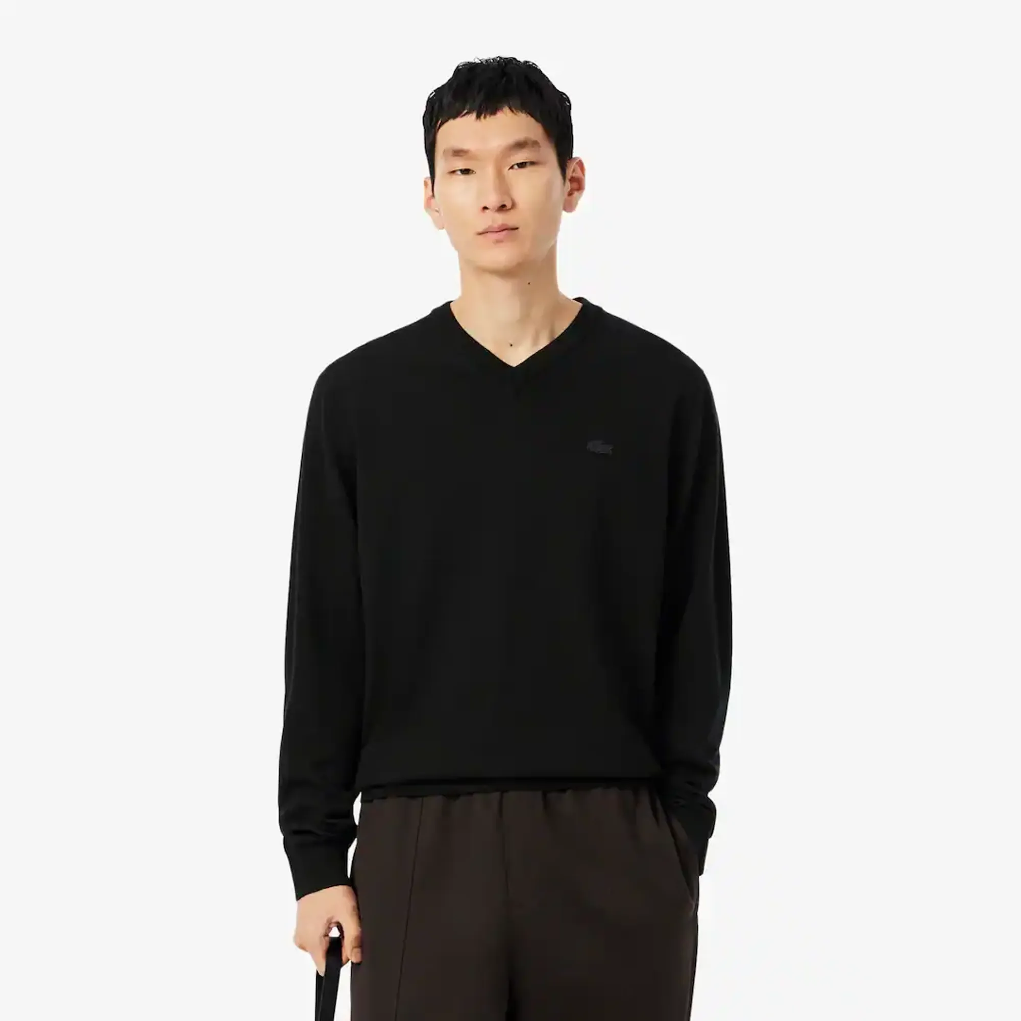 Lacoste Merino Wool Monochrome V Neck Sweater - Noir