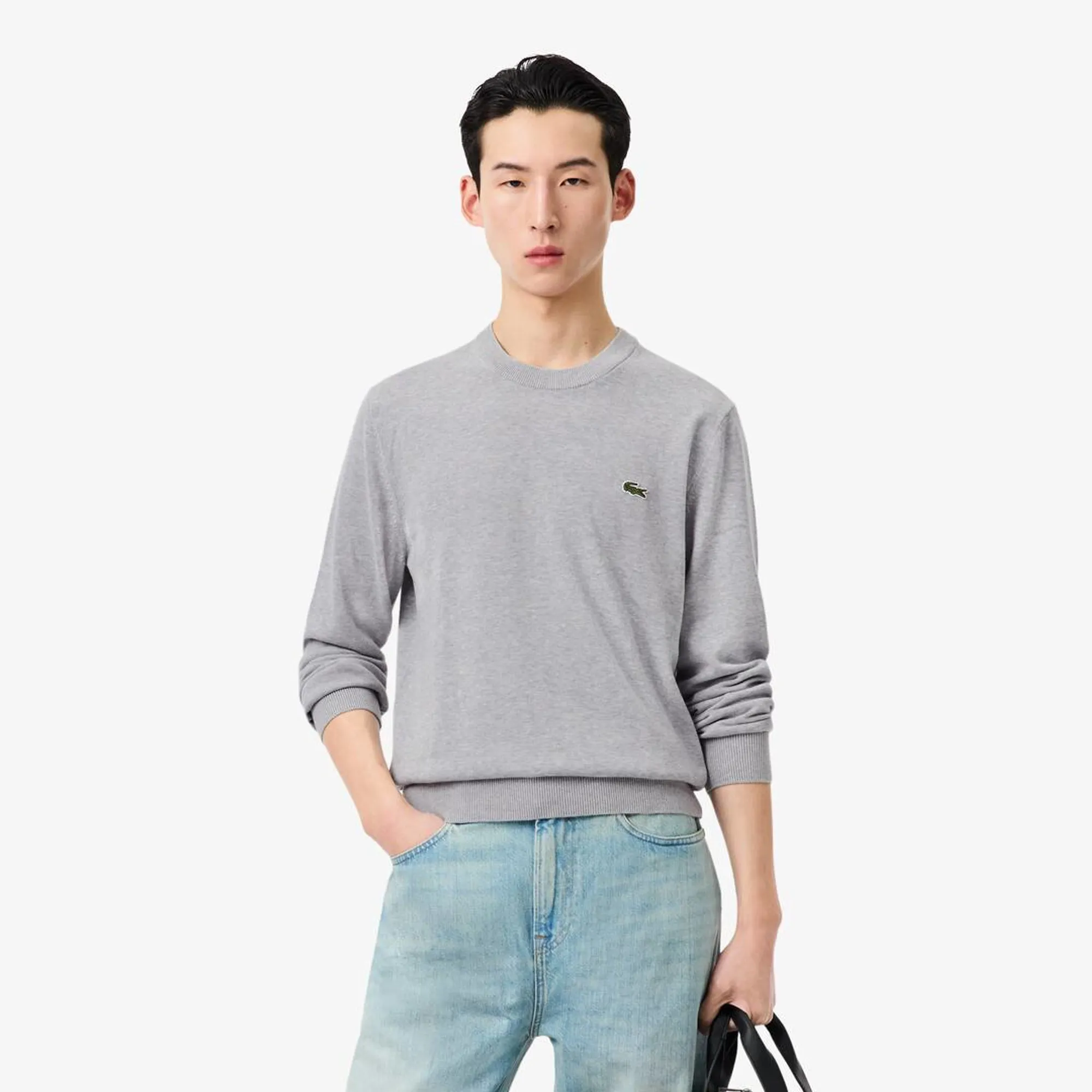 Lacoste Monochrome Crew Neck Cotton Sweater - Light Heathered Grey