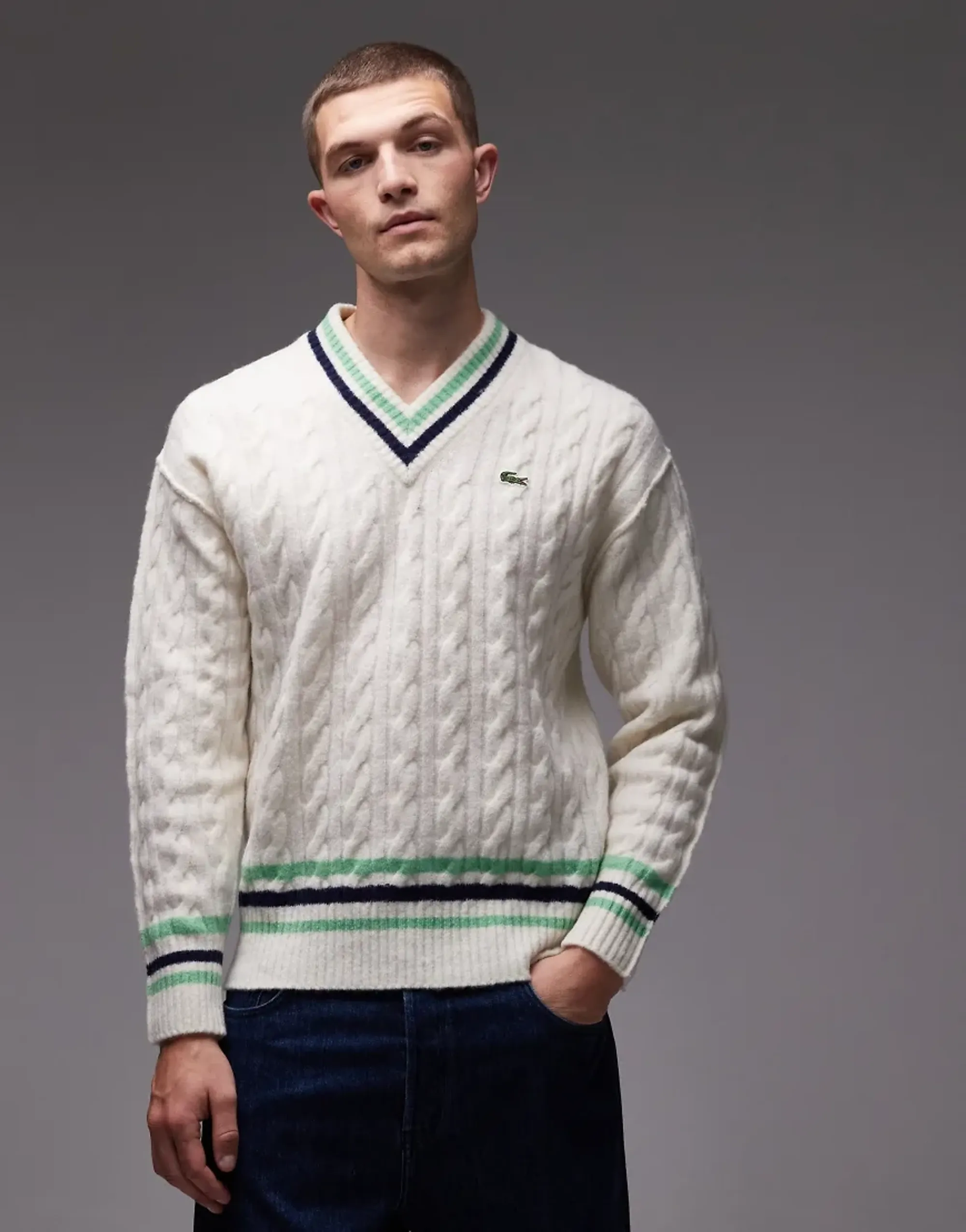 Lacoste V Neck Cable Knit Wool Sweater - White / Green / Navy Blue