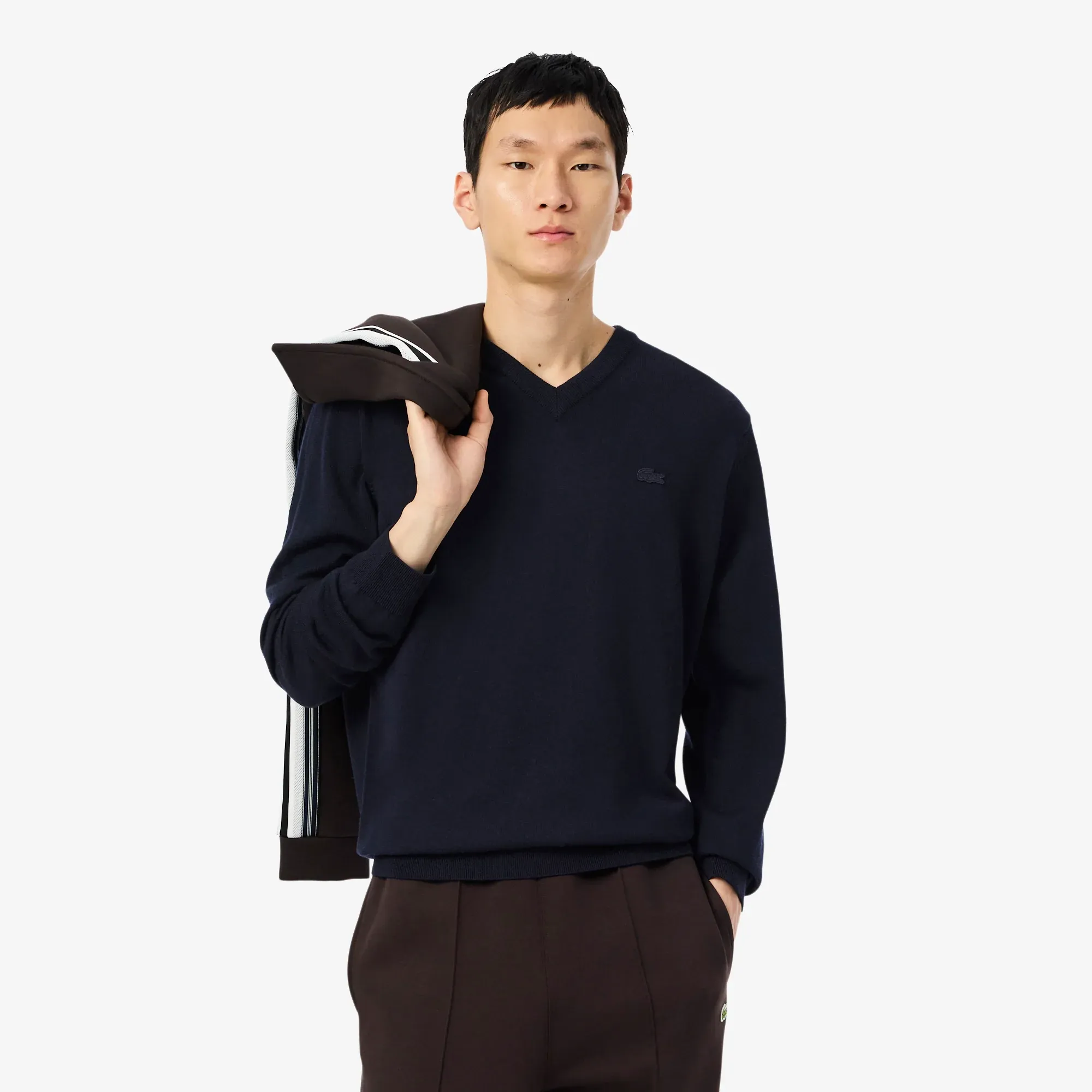 Lacoste Merino Wool Monochrome V Neck Sweater - Midnight Blue