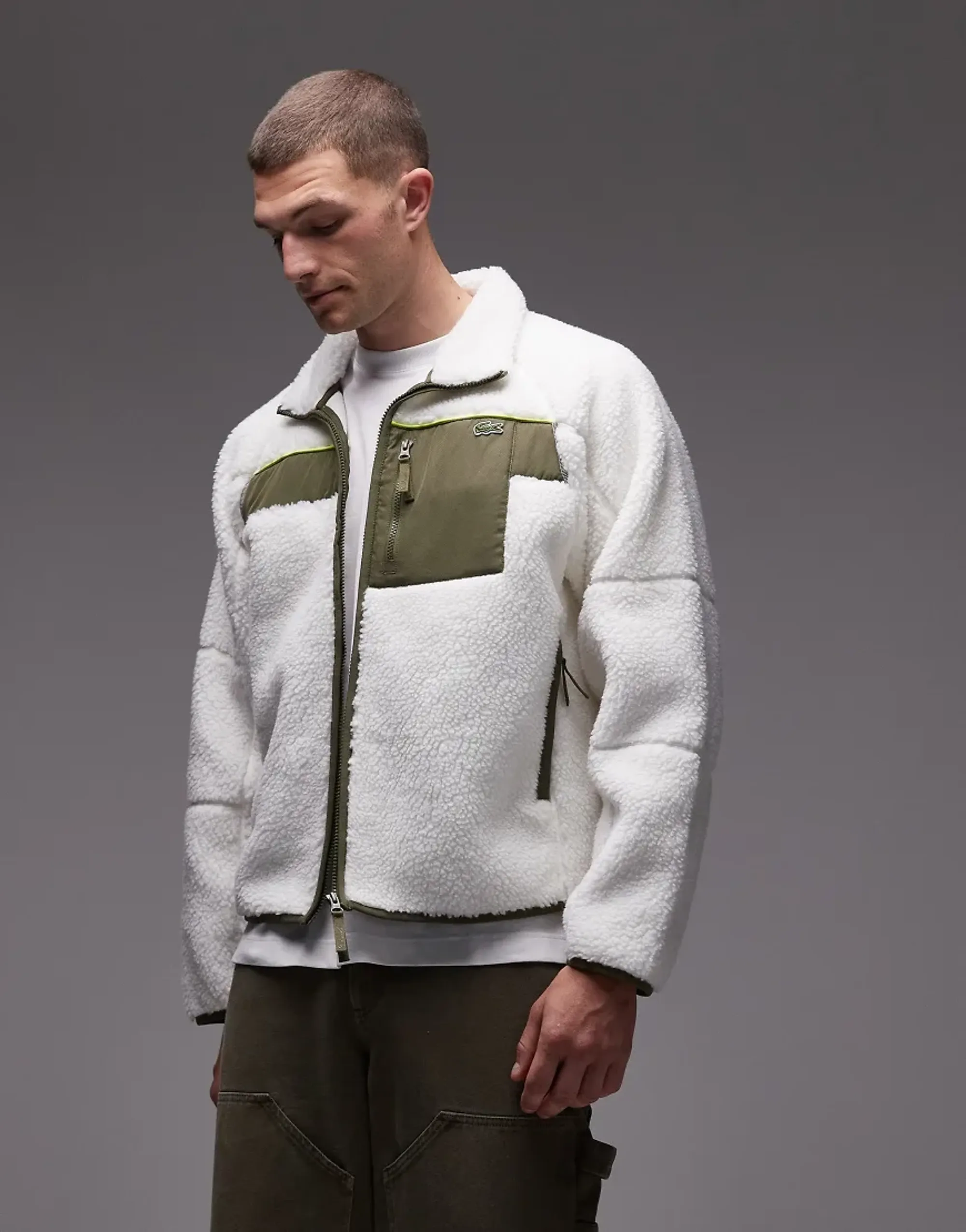 Lacoste Colour-Block Sherpa Fleece Jacket - White / Khaki Green