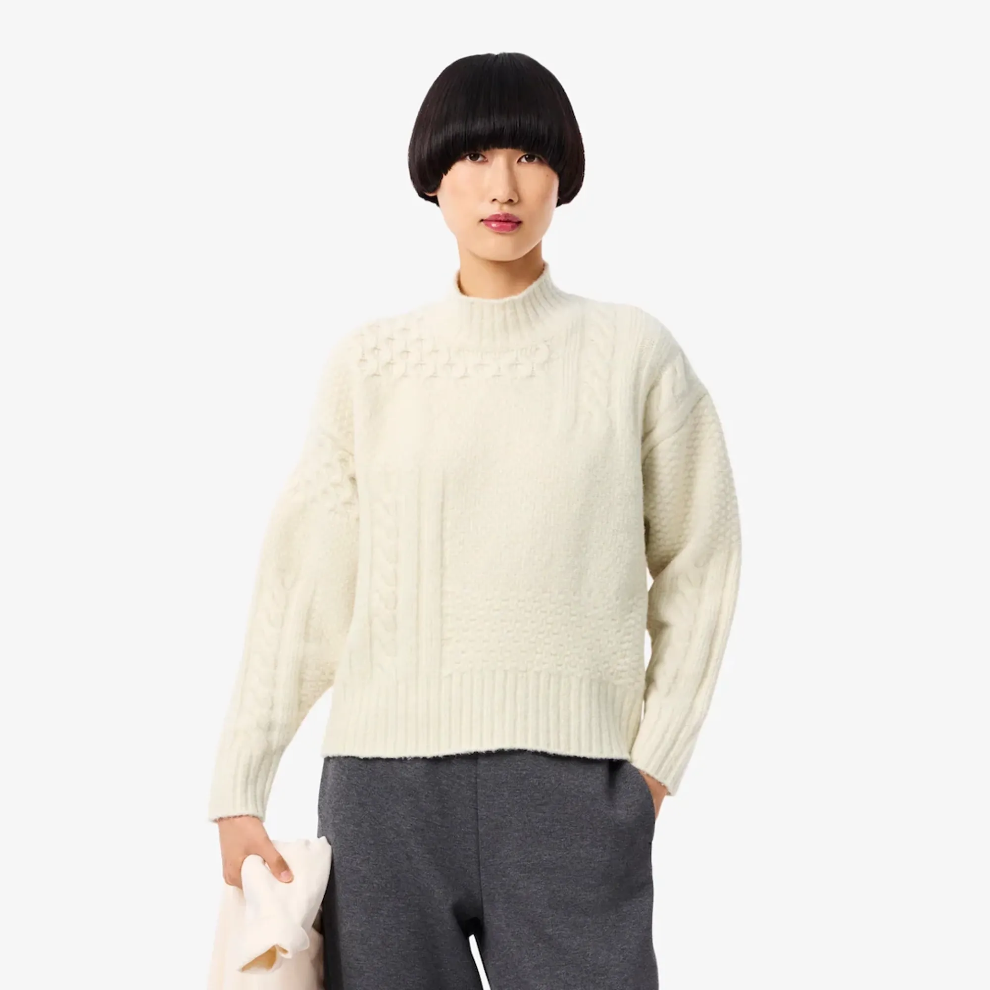 Lacoste Patchwork Effect High Neck Wool Sweater - Ecru White