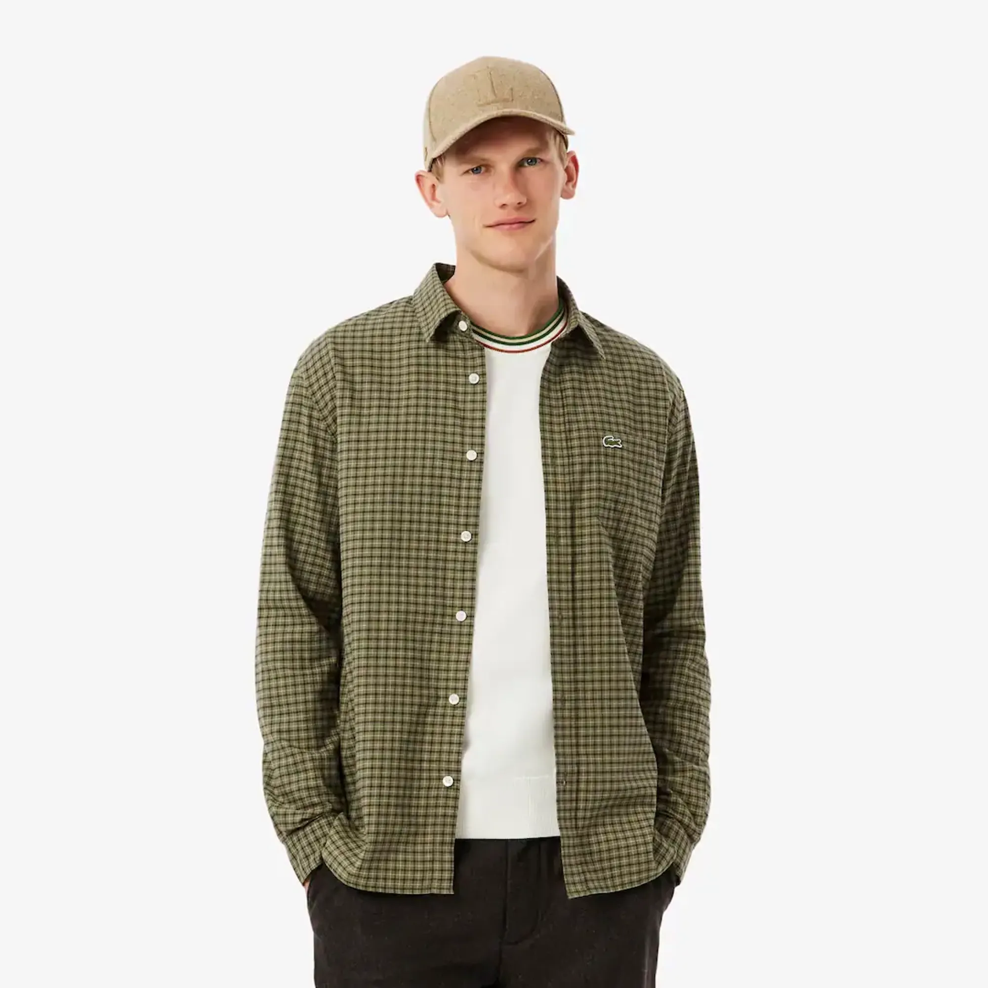 Lacoste Regular Fit Plaid Flannel Shirt - Khaki Green / Green