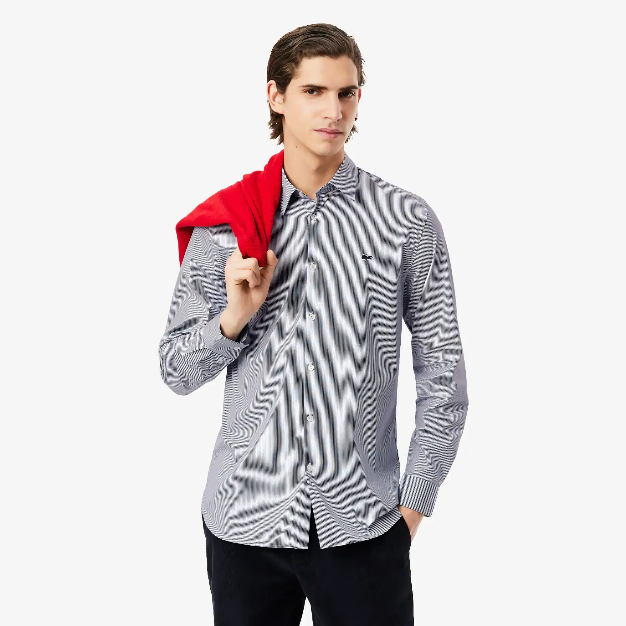 Lacoste Slim Fit Striped Stretch Poplin Shirt - White / Navy Blue