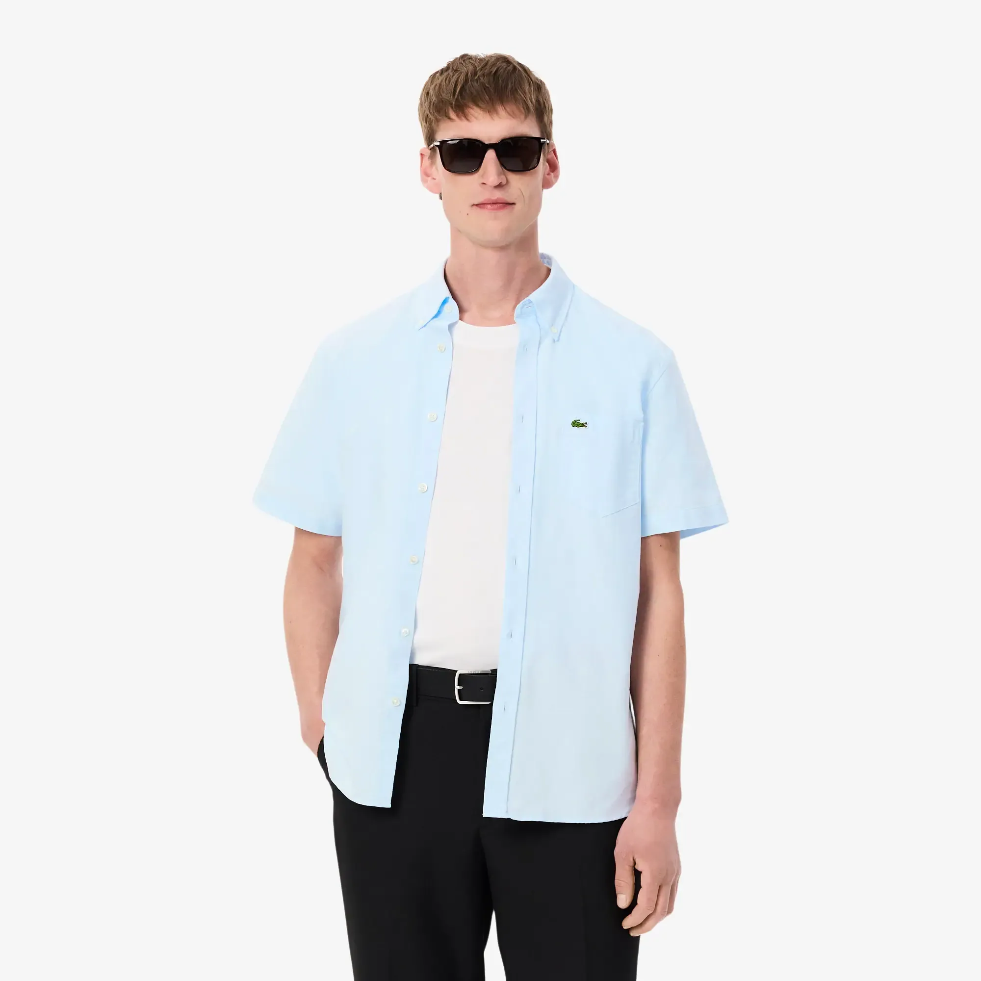 Lacoste Regular Fit Short Sleeved Oxford Shirt - White / Blue