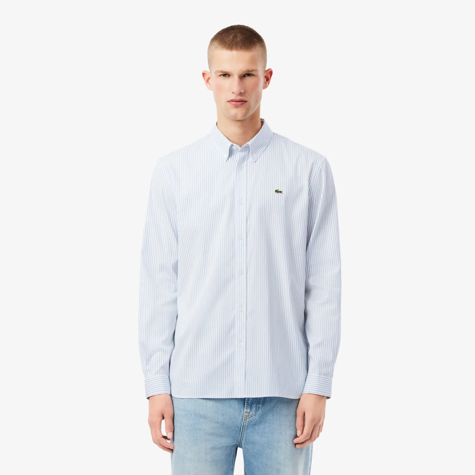 Lacoste Regular Fit Striped Pinpoint Shirt - White / Blue