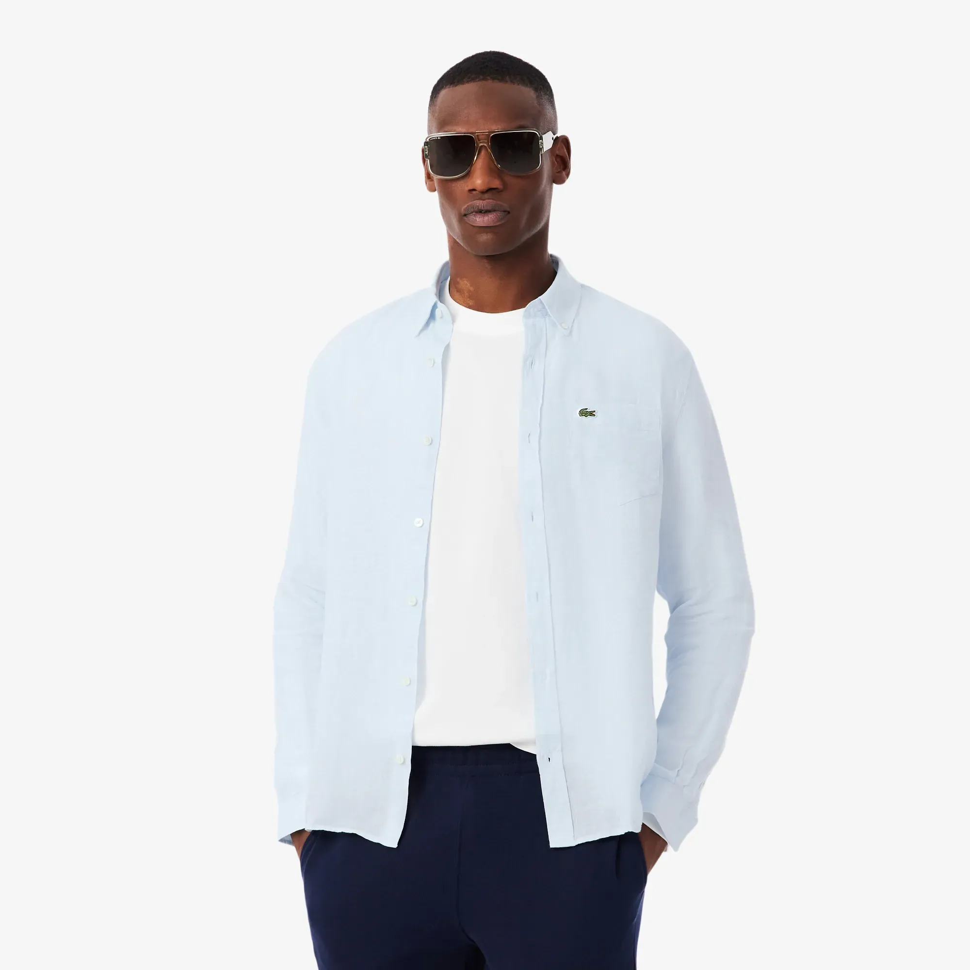Lacoste Regular Fit Linen Shirt - Light Blue