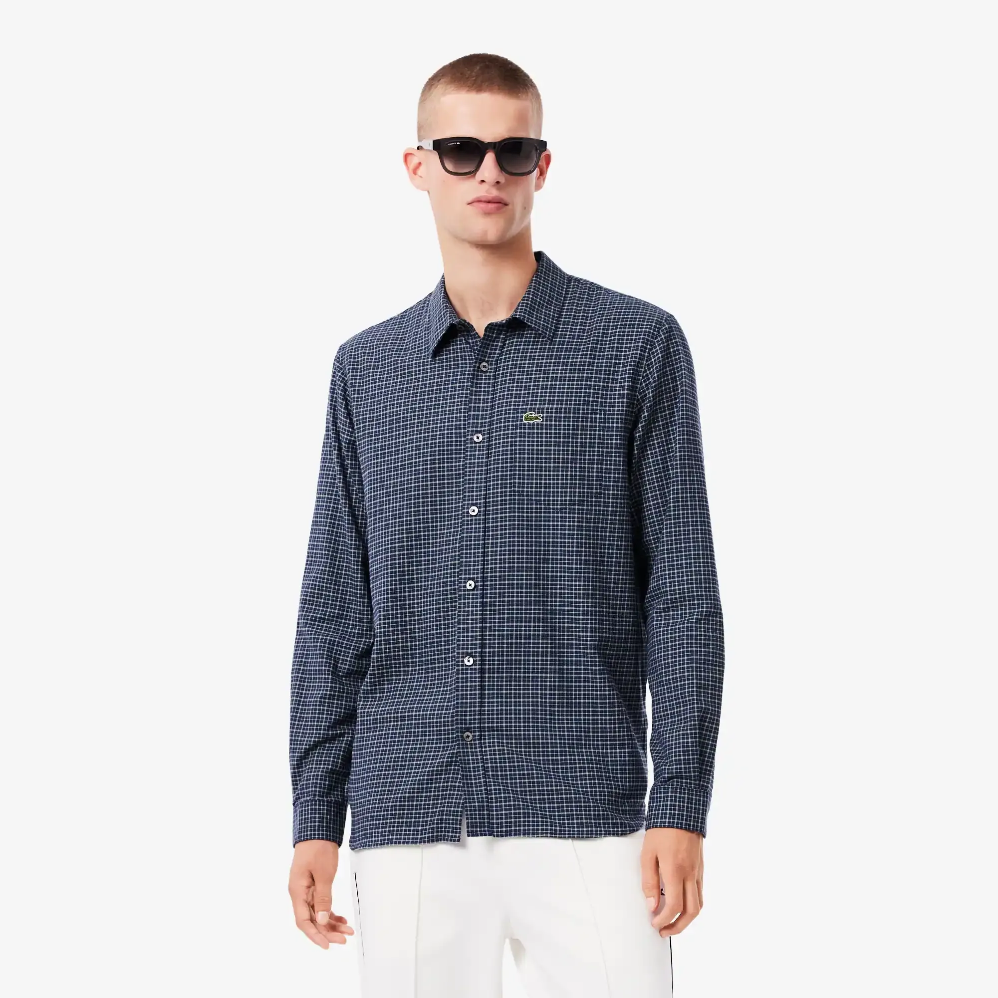 Lacoste Regular Fit Plaid Flannel Shirt - Navy Blue / White