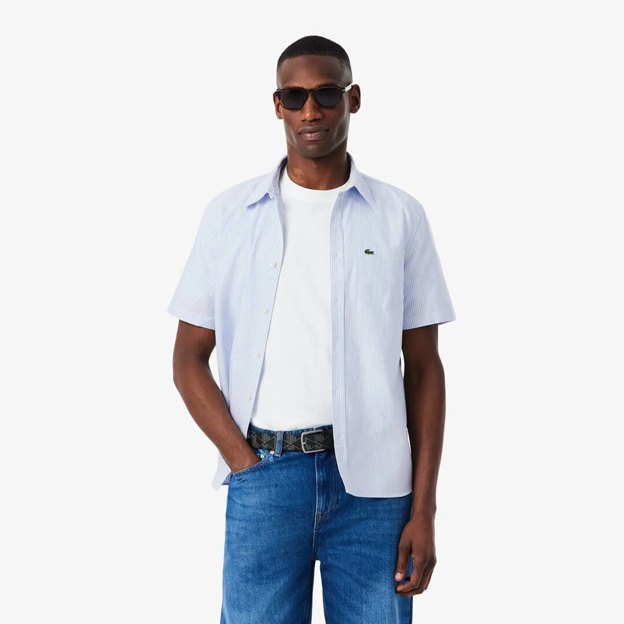 Lacoste Regular Fit Short Sleeved Oxford Shirt - Bleu / Blanc