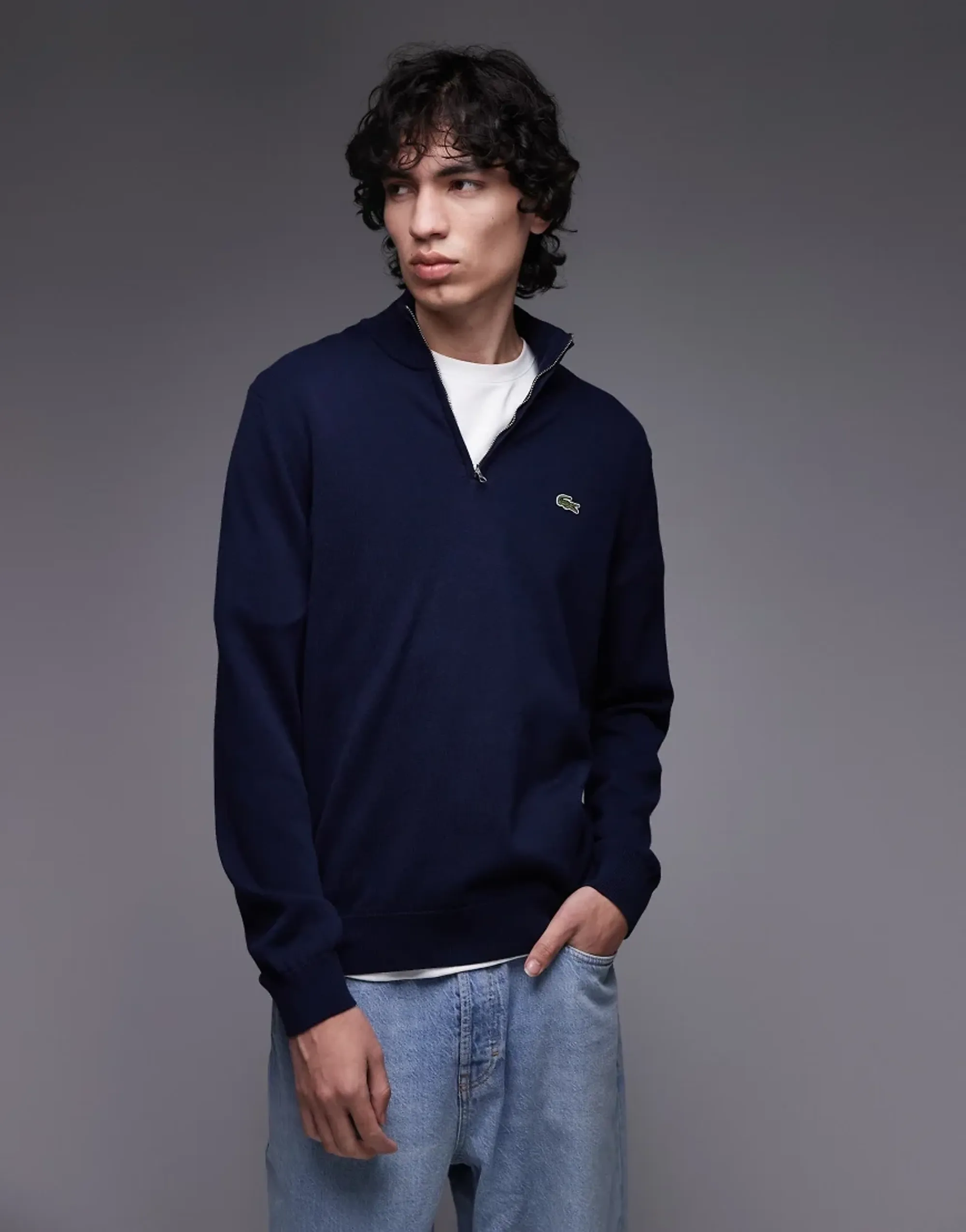 Lacoste Zipped High Neck Cotton Sweater - Midnight Blue