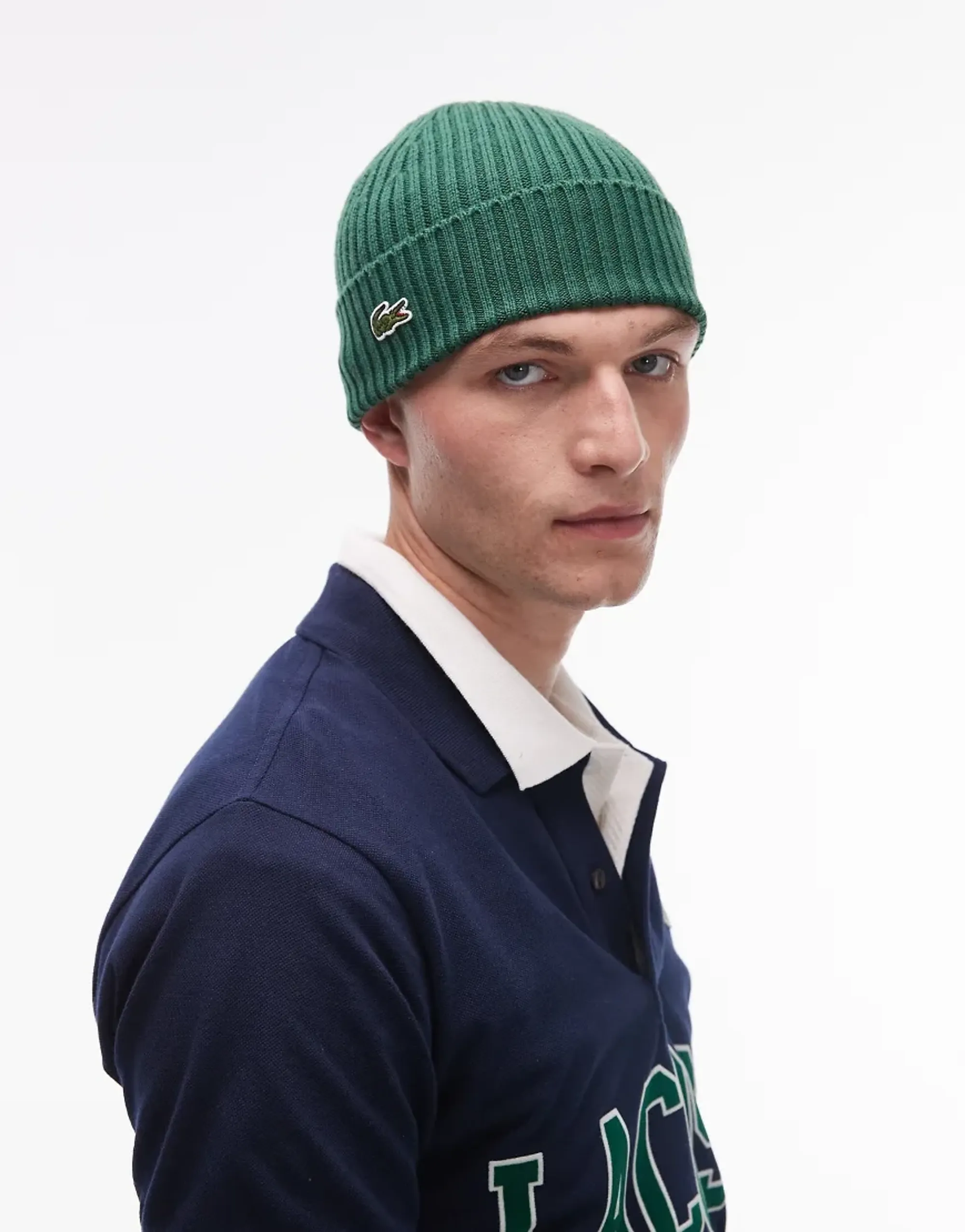 Lacoste Rib Knit Brushed Wool Beanie - Pine Green