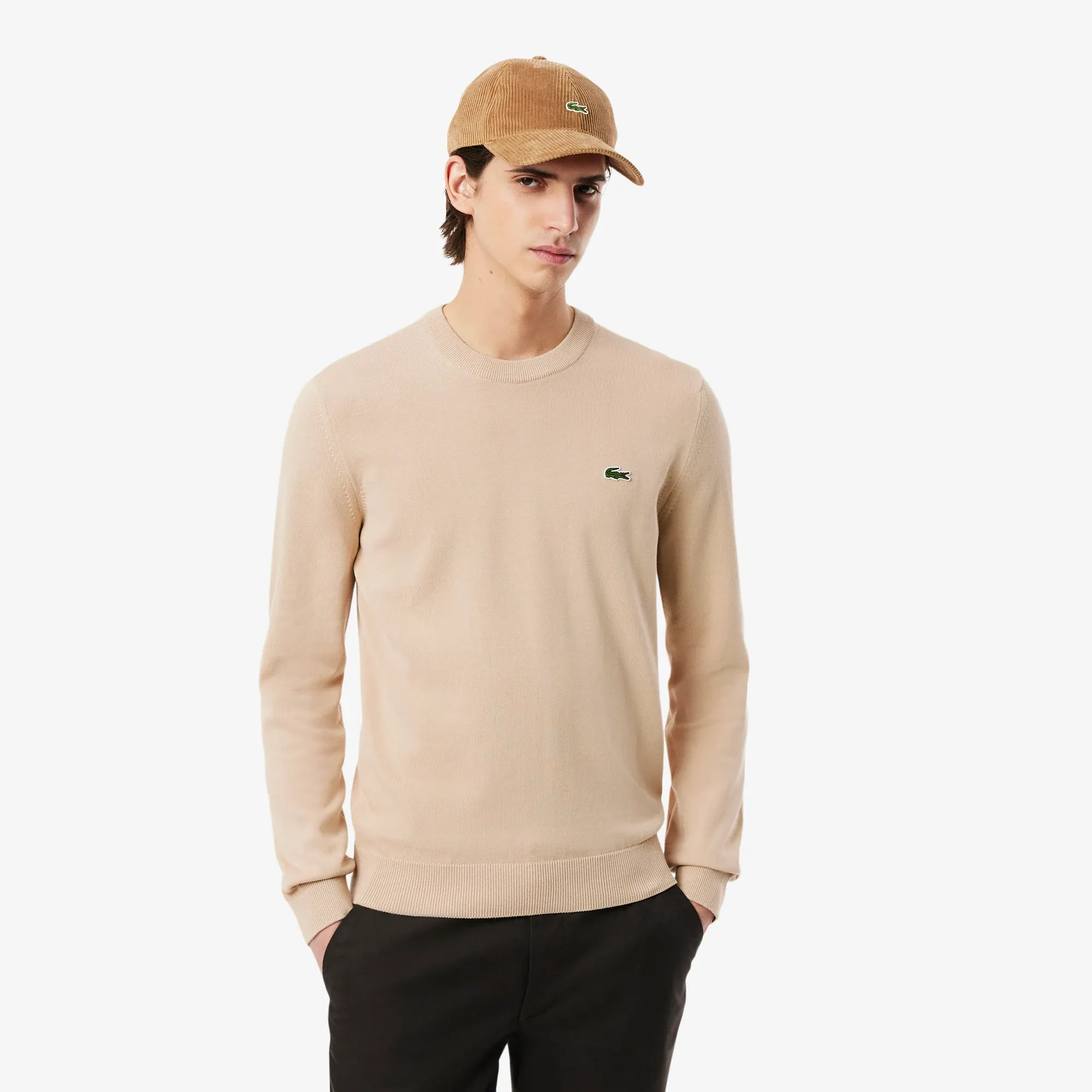 Lacoste Monochrome Crew Neck Cotton Sweater - Beige
