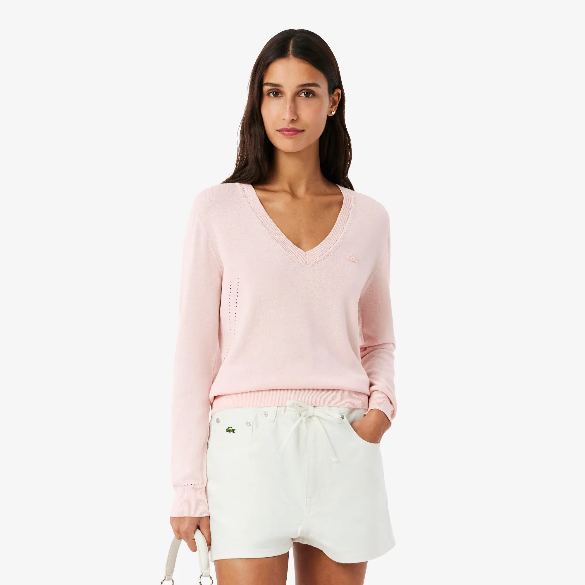 Lacoste Seamless Knit V Neck Sweater - Light Pink