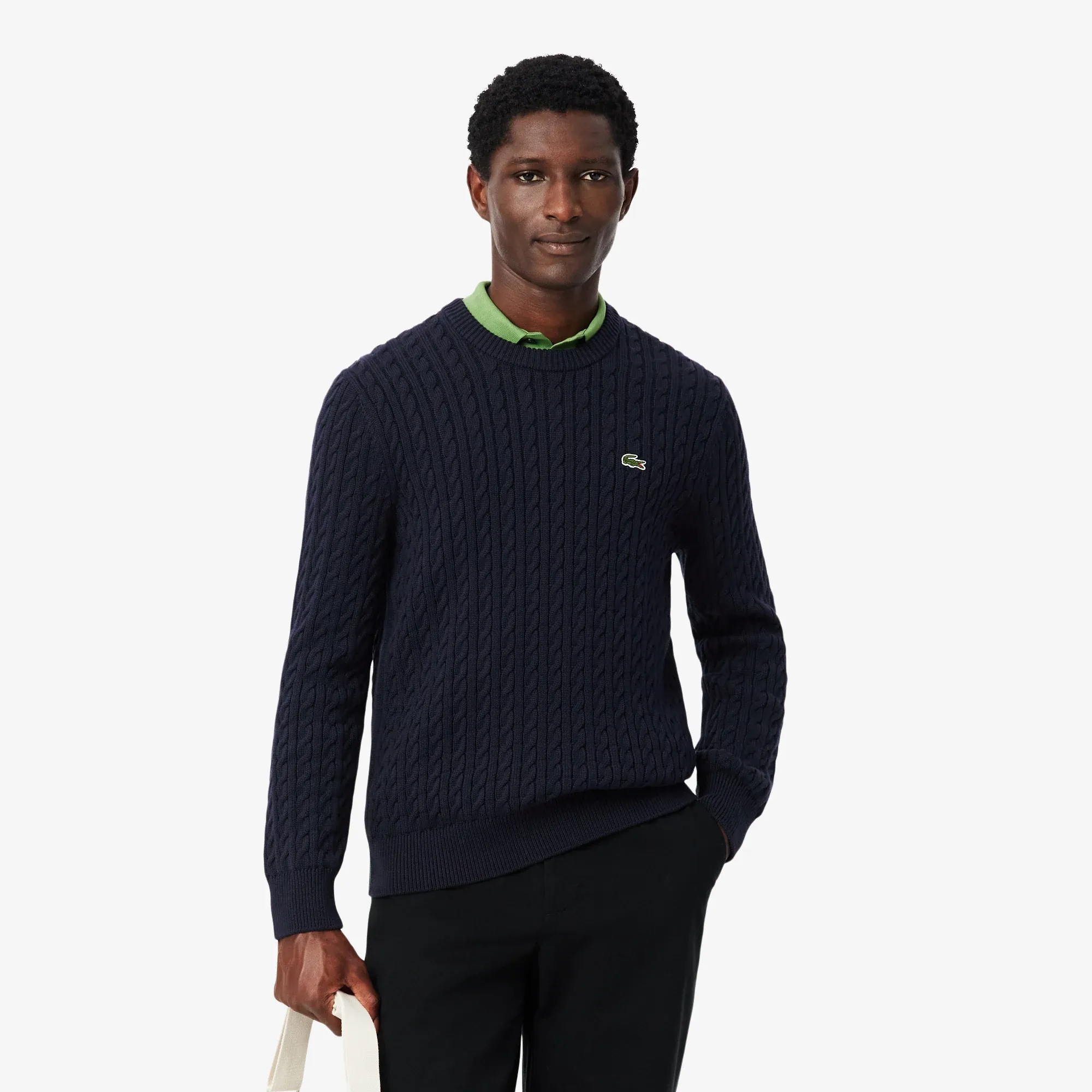 Lacoste Cable Knit Cotton Sweater - Navy Blue / Green