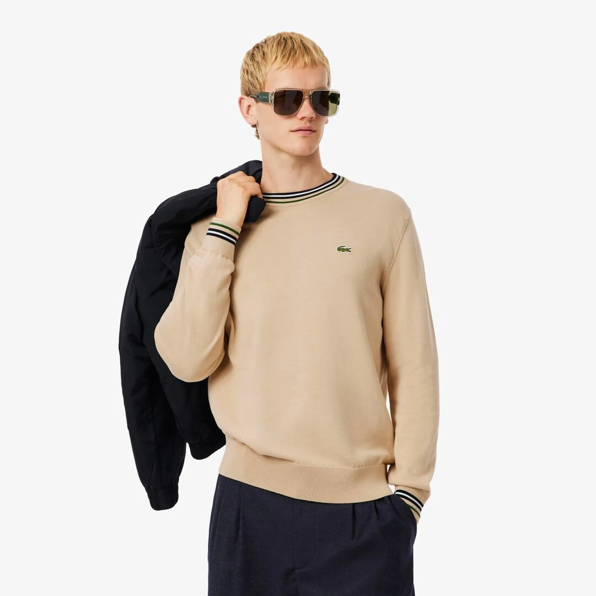 Lacoste Striped Cotton Jersey Sweater - Beige / Navy Blue