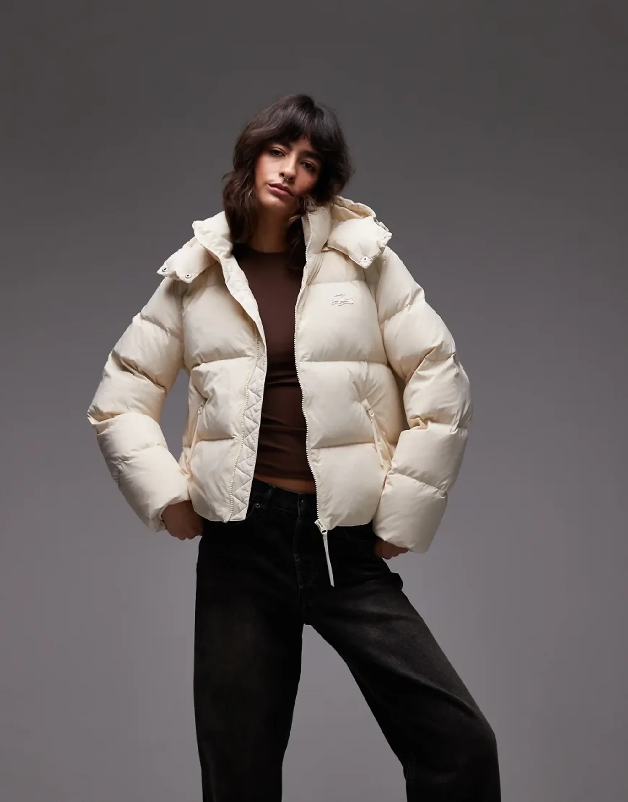 Lacoste Relaxed Fit Hooded Down Jacket - Ecru White