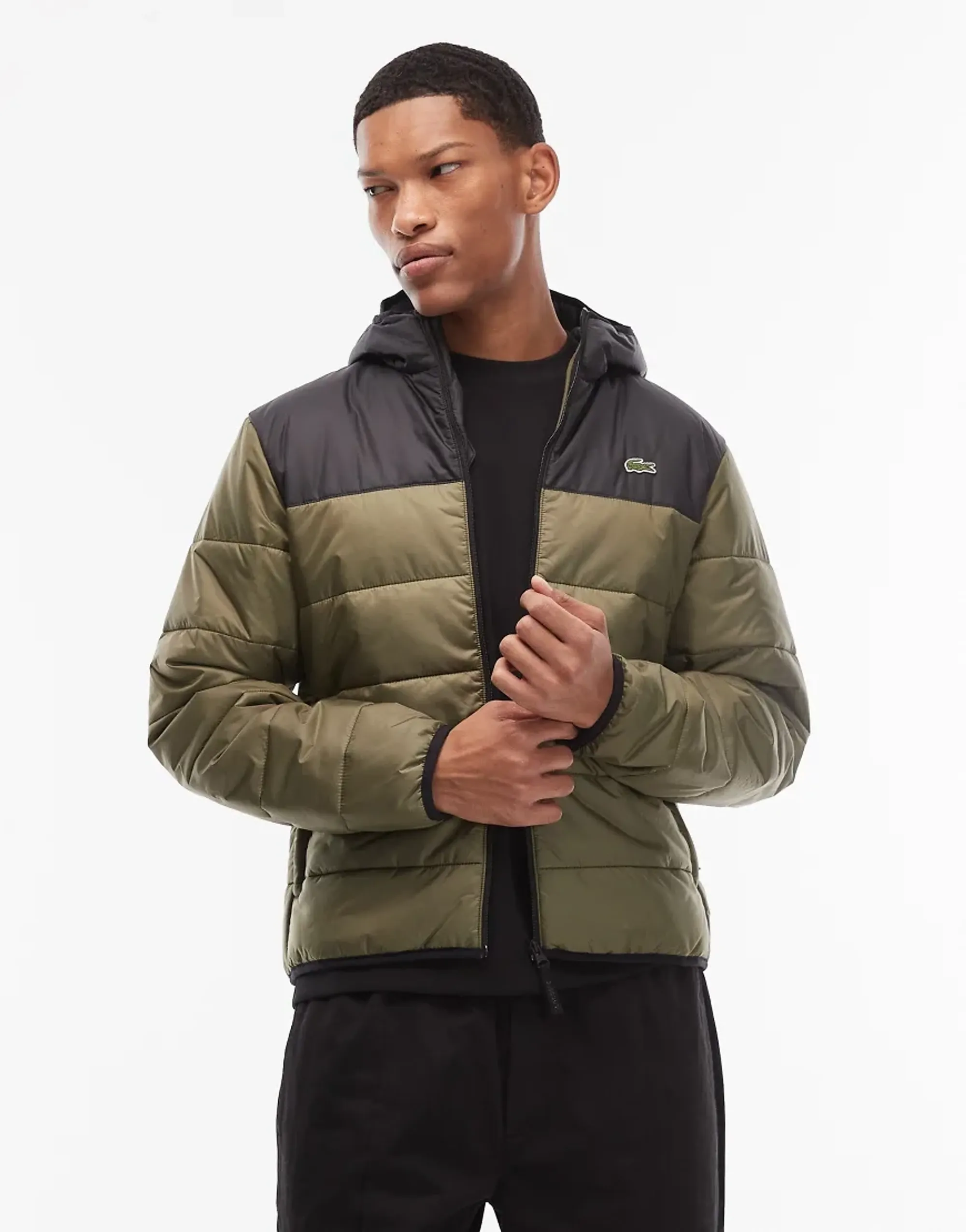 Lacoste Water-Repellent Quilted Puffed Jacket - Khaki Green / Black