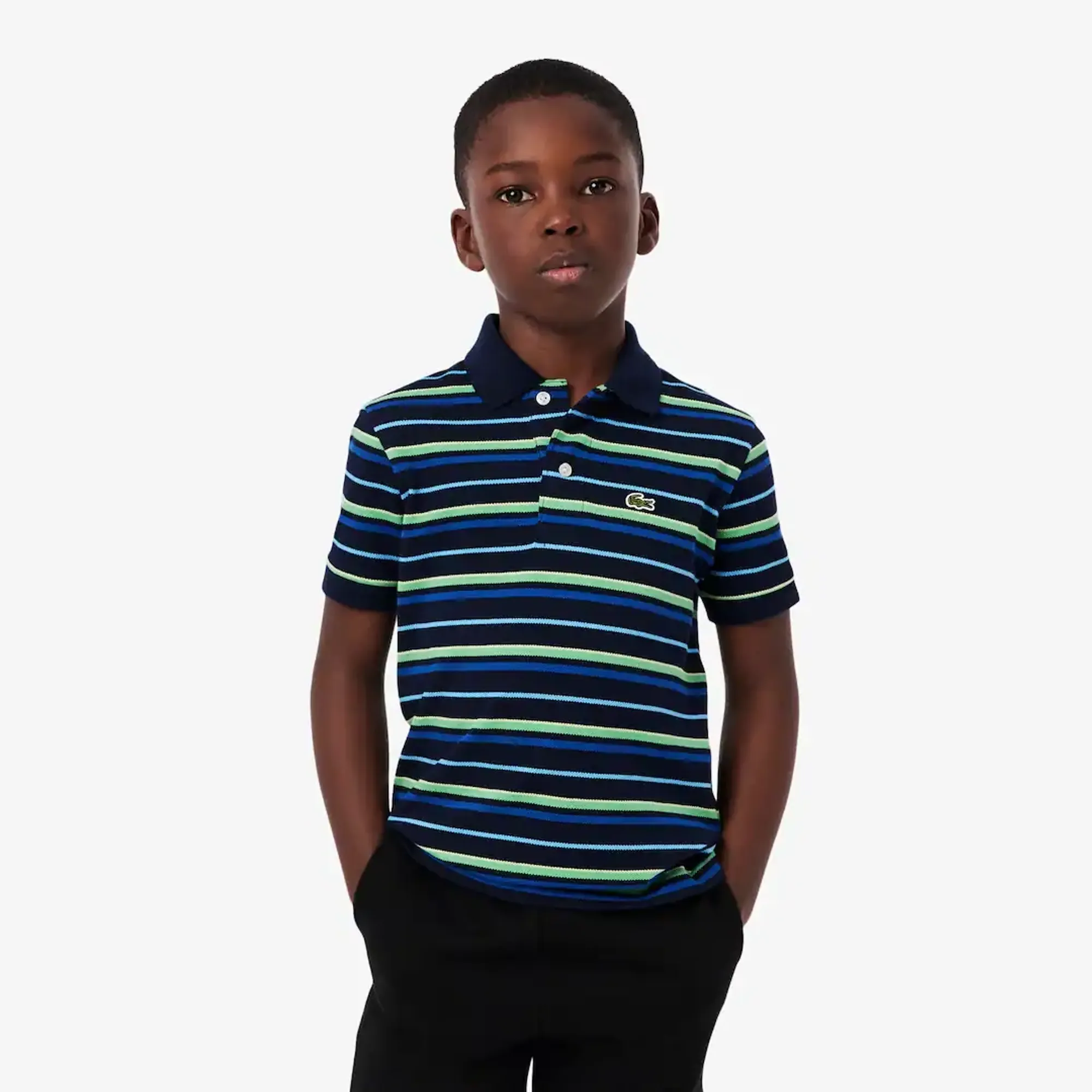 Lacoste Contrast Stripe Petit Piqué Polo Shirt - Navy Blue / Green / Blue