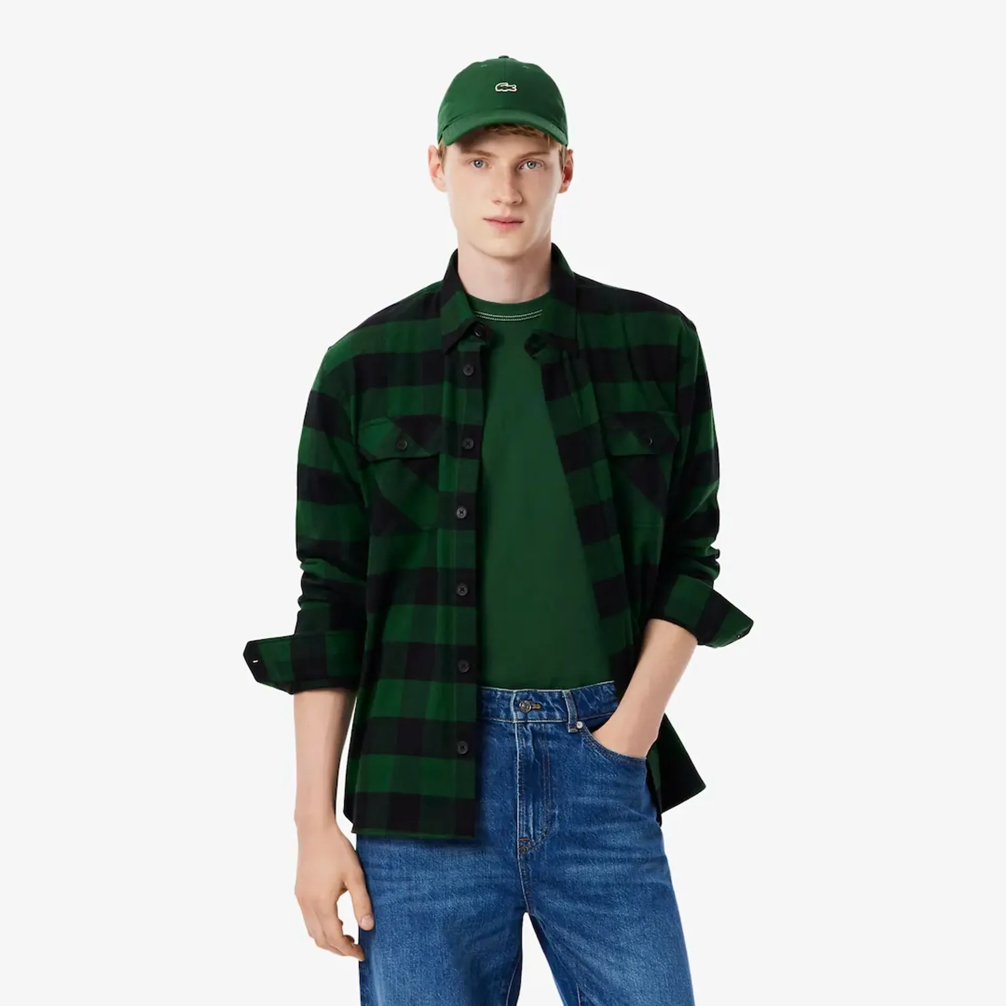 Lacoste Oversized Cotton Plaid Overshirt - Green / Black