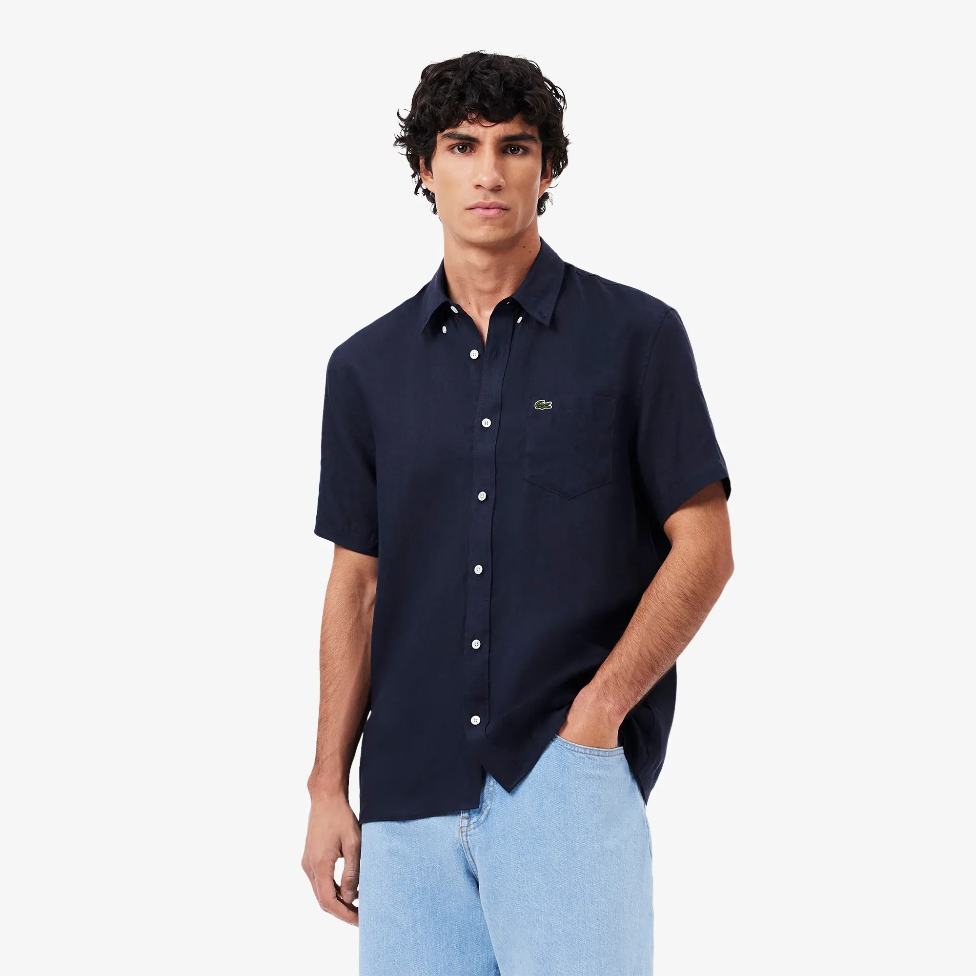 Lacoste Short Sleeved Linen Shirt - Midnight Blue