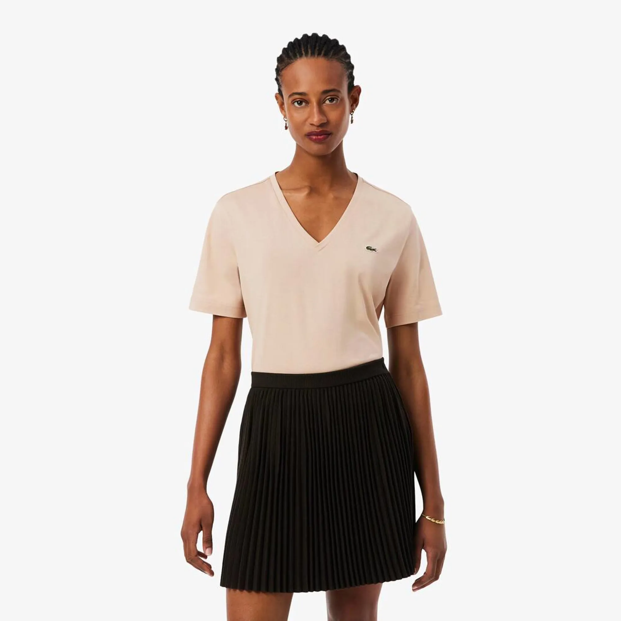 Lacoste Relaxed Fit Soft Cotton V Neck T-shirt - Beige