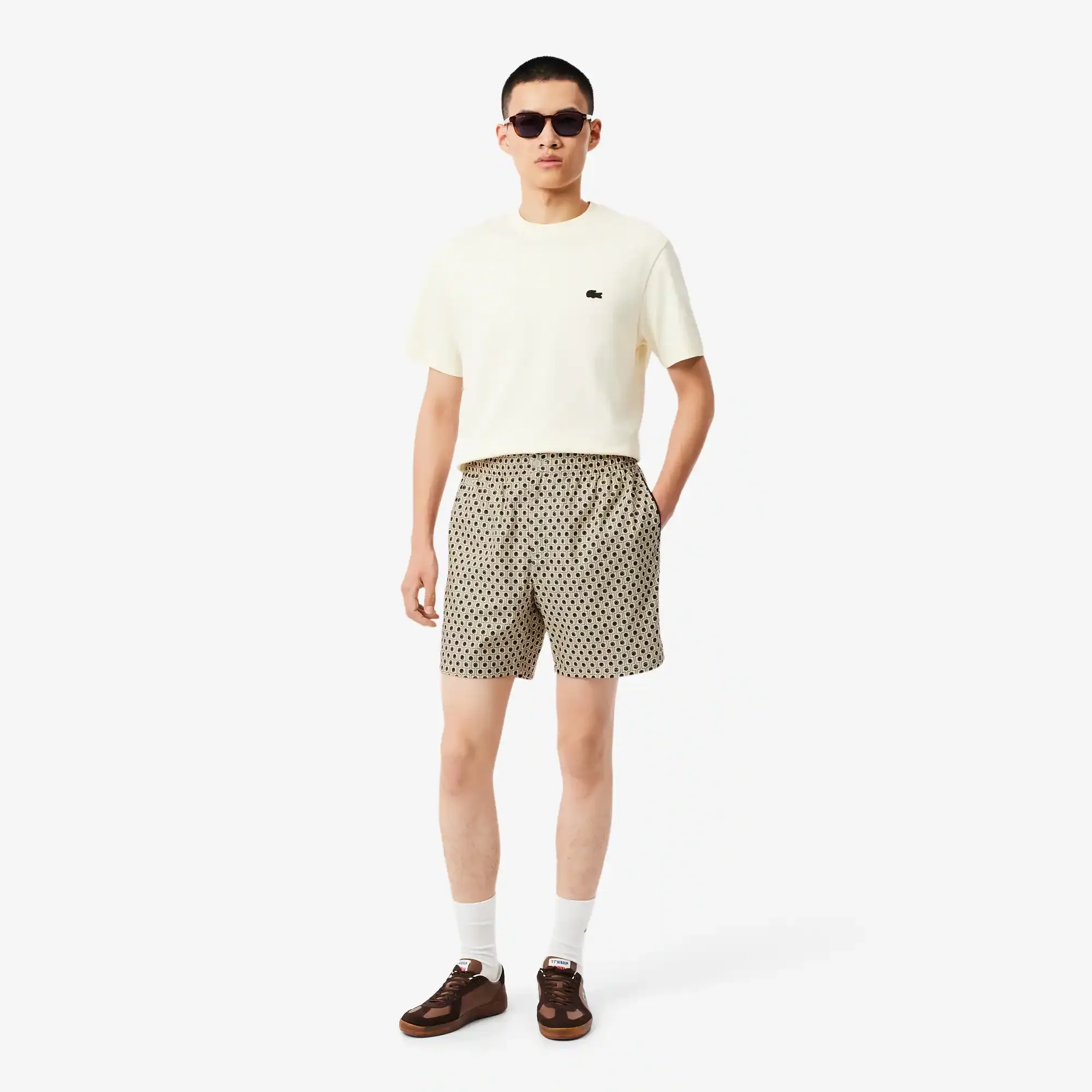 Lacoste Relaxed Fit Printed Cotton Blend Shorts - Beige / Marron