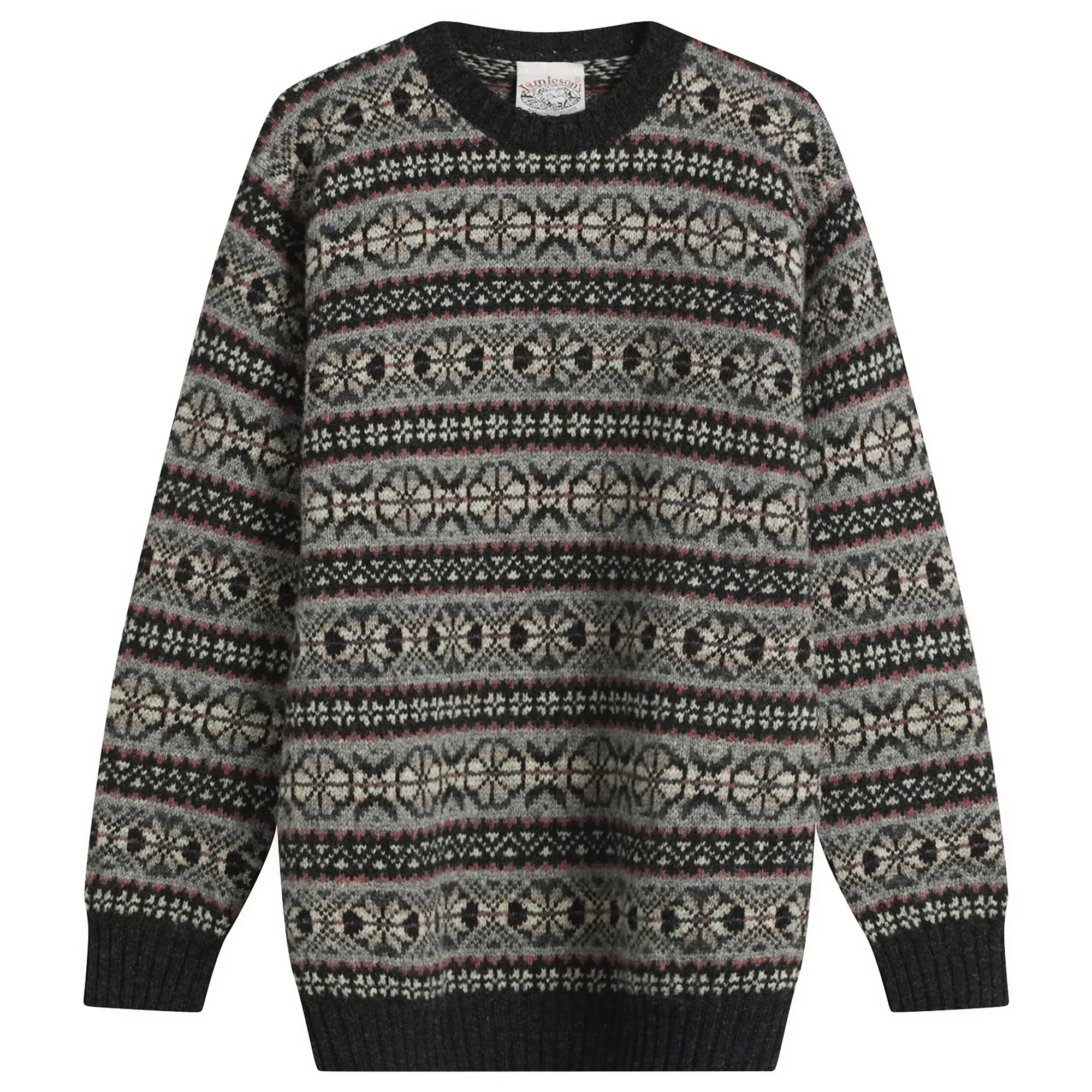 Jamiesons of Shetland Fair Isle Crew Knit New Pattern Black/Pink