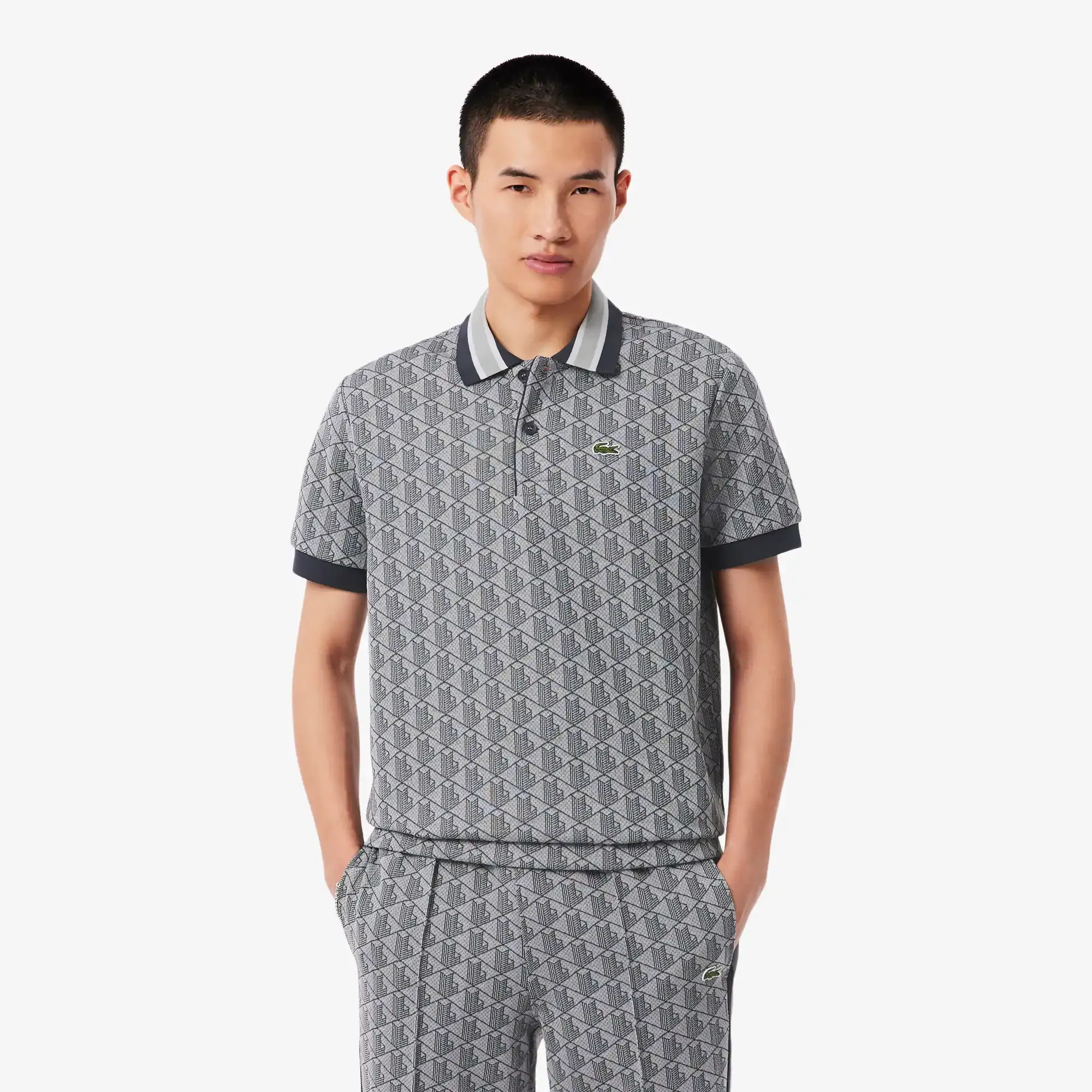 Lacoste Classic Fit Monogram Jacquard Polo Shirt - Gris Clair / Gris Fonce