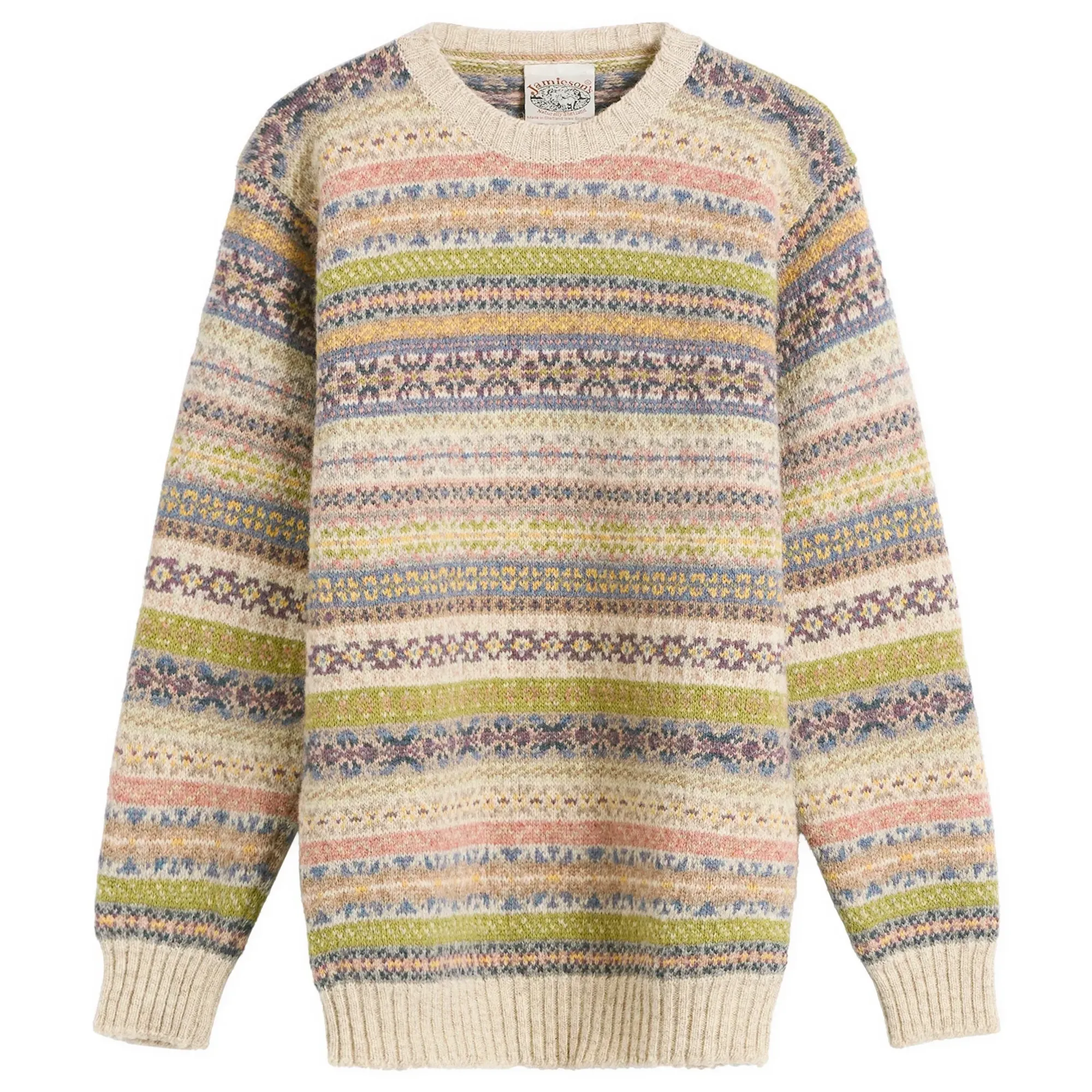 Jamiesons of Shetland Fair Isle Crew Knit White/Green &Pink