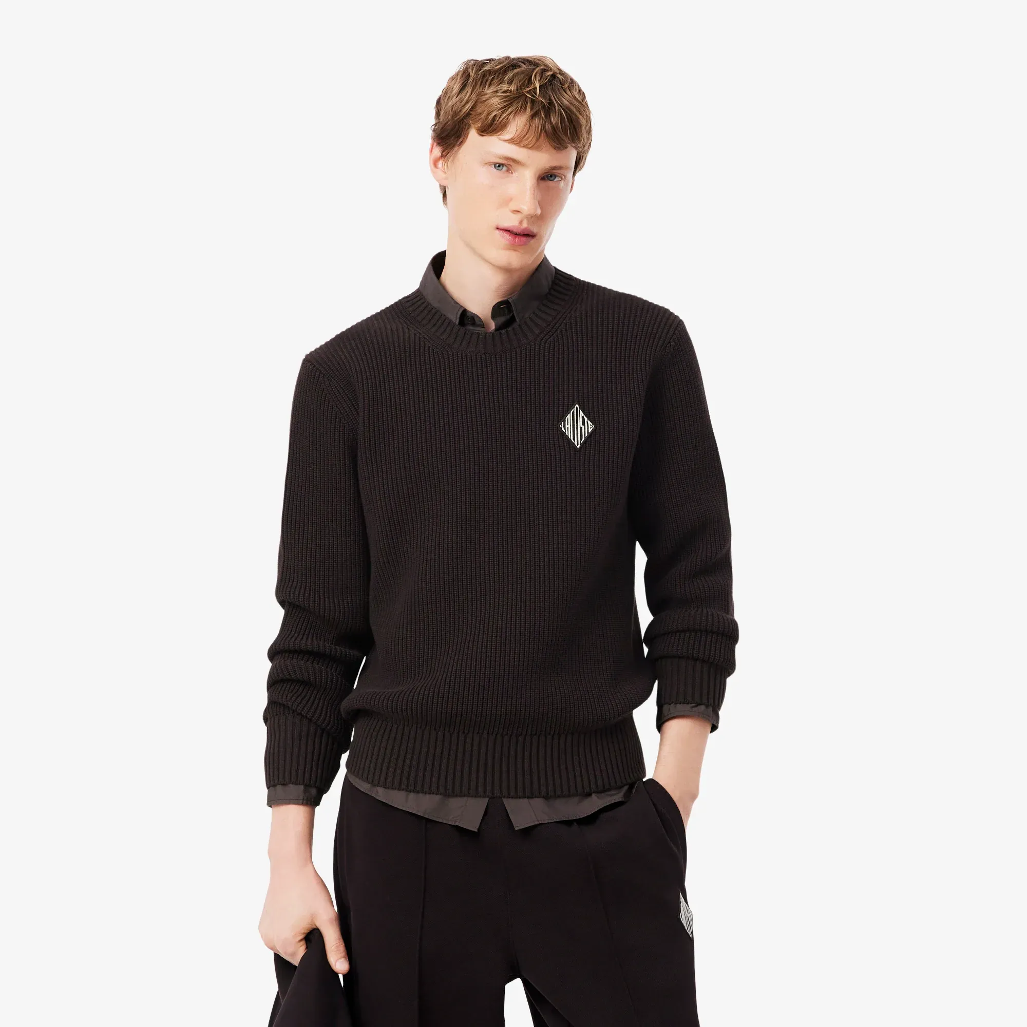 Lacoste Pearl Rib Knit Badge Accent Sweater - Brown
