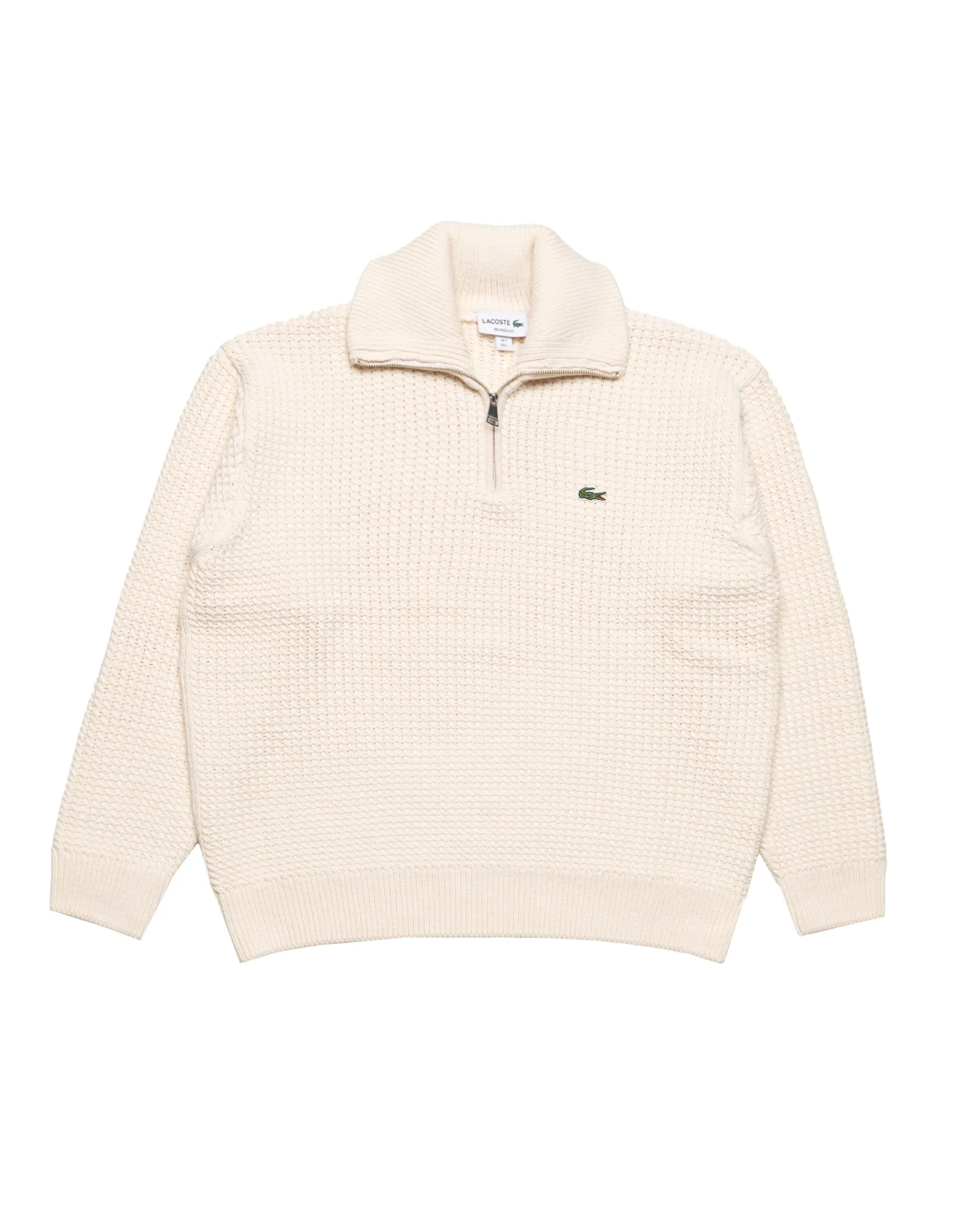 Lacoste High Neck Half Zipper Heavy Wool Sweater - Ecru White