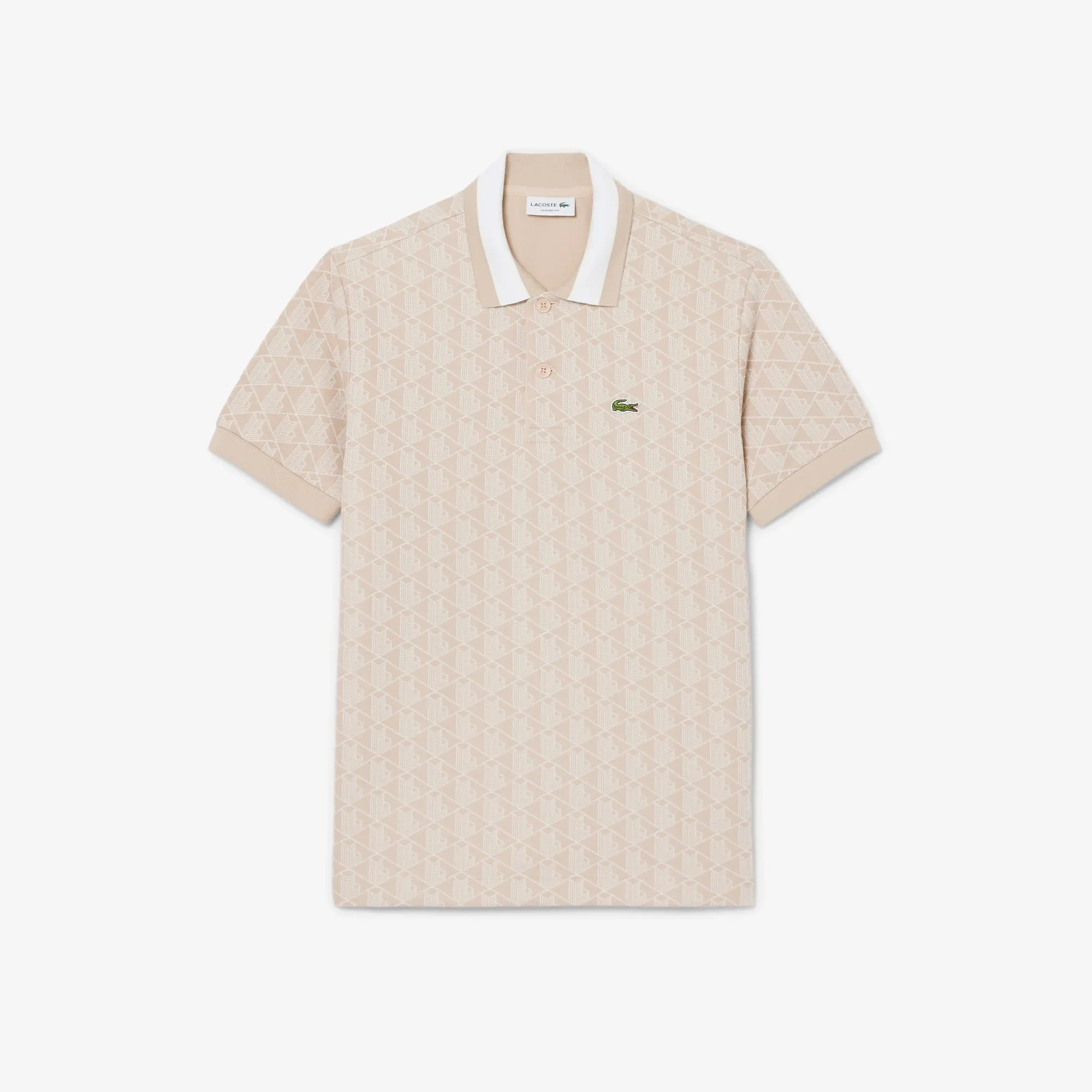 Lacoste Classic Fit Monogram Jacquard Polo Shirt - Beige / Blanc